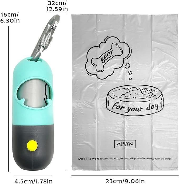 LED Flashlight Dog Poop Bags Holder | Leash-Attached Pet Waste Dispenser with 195 Leak-Proof Bags | Mint Green Doggie Potty Accessories for Walking, Hiking & Nighttime Cleanup