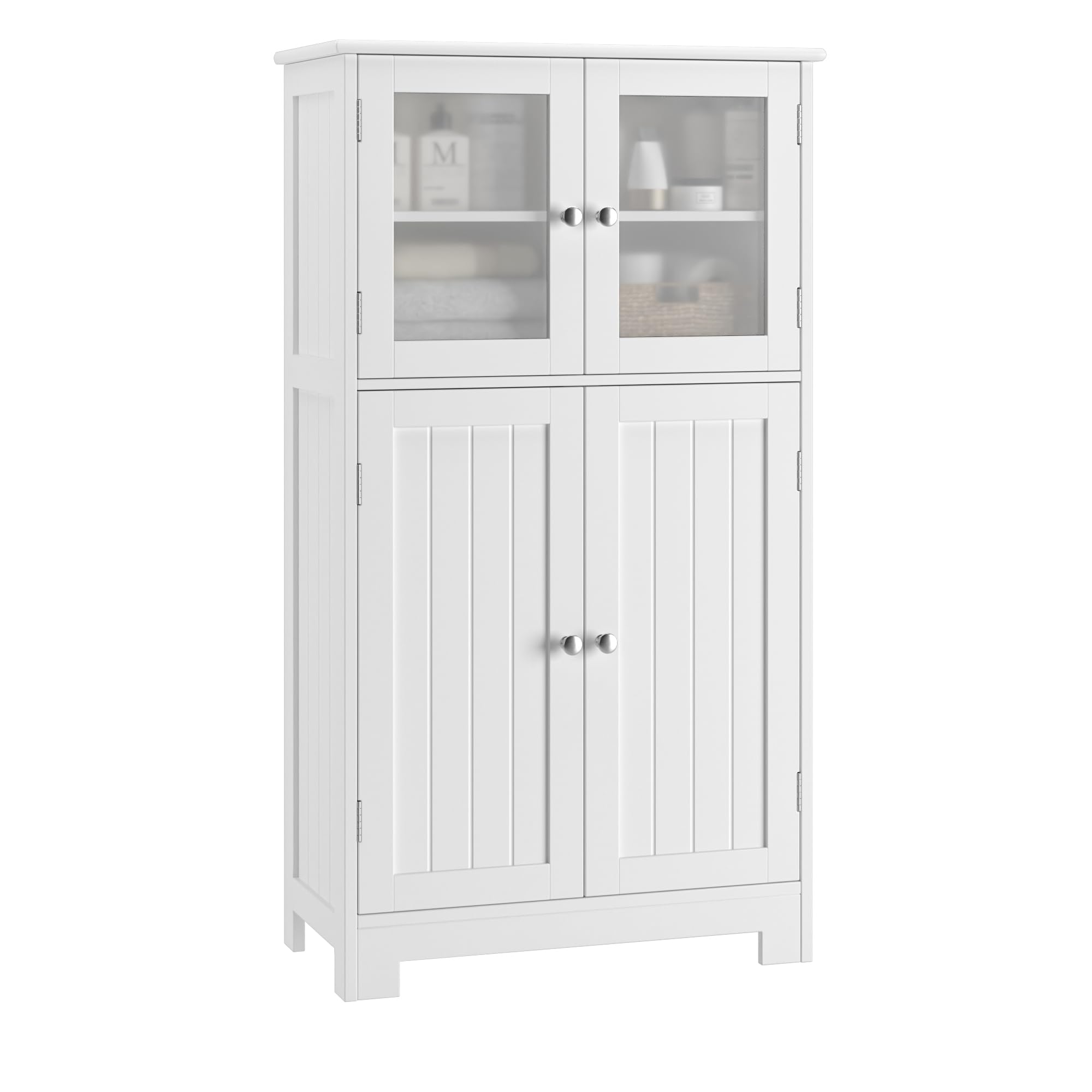White Freestanding Bathroom Storage Cabinet with Adjustable Shelves & Glass Doors - Modern Floor Cabinet for Bathroom, Living Room & Home Office Organization