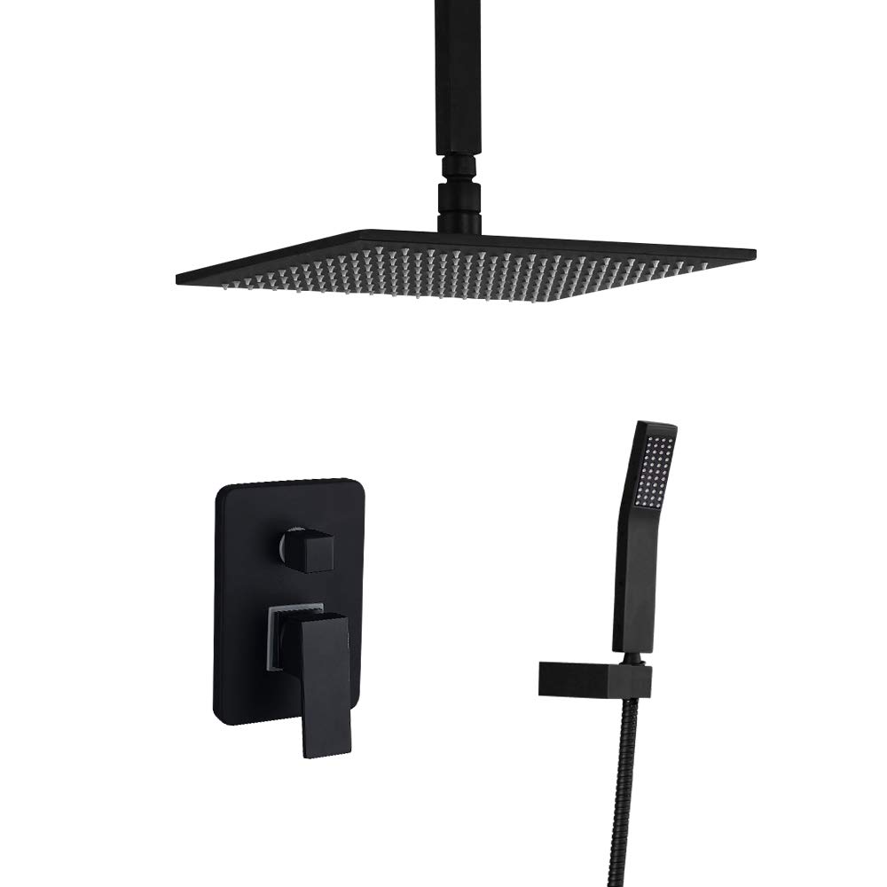 BULUXE Matte Black Ceiling Mount Shower System - 10 Inch Square Rainfall Shower Head with High Pressure Handheld Sprayer | Modern Bathroom Faucet Set for Luxurious Spa Experience at Home