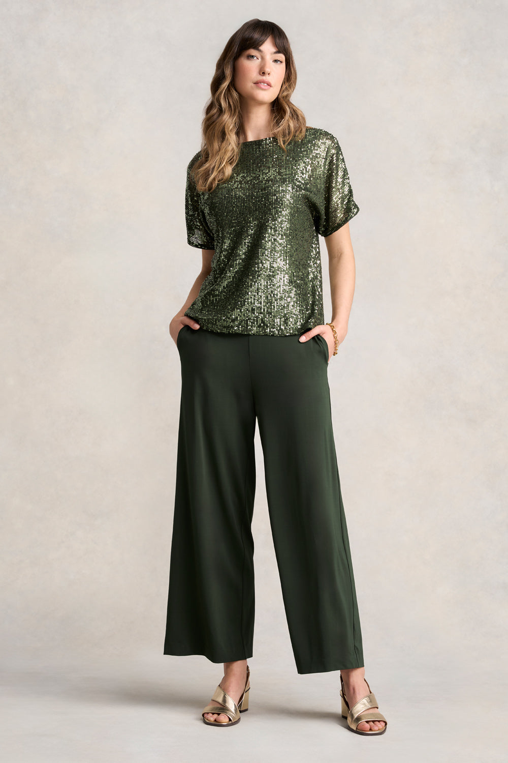 High Twist Palazzo Pants for Women - Dark Khaki Color, Comfortable Wide Leg Trousers for Office, Casual & Evening Wear