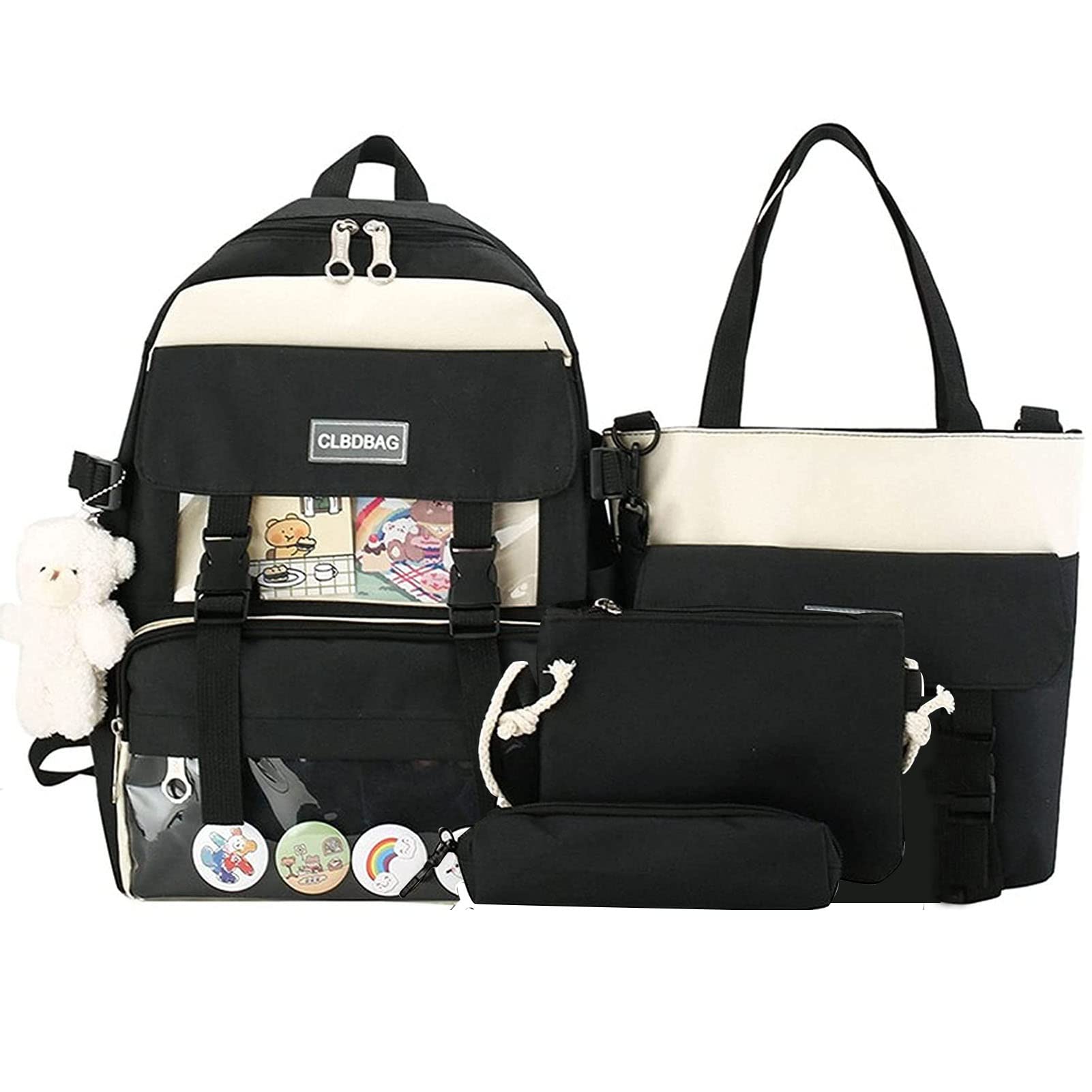 Cute Kawaii Backpack Set - 4Pcs Aesthetic School Backpack with Pendant, Shoulder Bag, Pencil Case, Lunch Bag & Tote Bag for Girls | Perfect for School, Travel & Daily Use