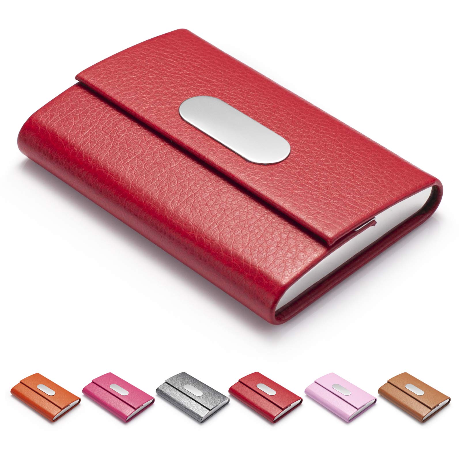 Elegant PU Leather & Stainless Steel Business Card Holder for Women - Slim Magnetic Closure Wallet for Credit Cards and Name Cards (Red) | Perfect for Office Professionals, Networking Events and Daily Organization