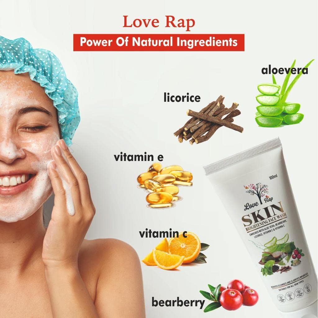 Love Rap Brightening Face Wash with Aloe Vera, Bearberry & Vitamin C | Dark Spot Treatment for Glowing Skin | 100ml | Gentle Daily Cleanser for Morning & Night Routine