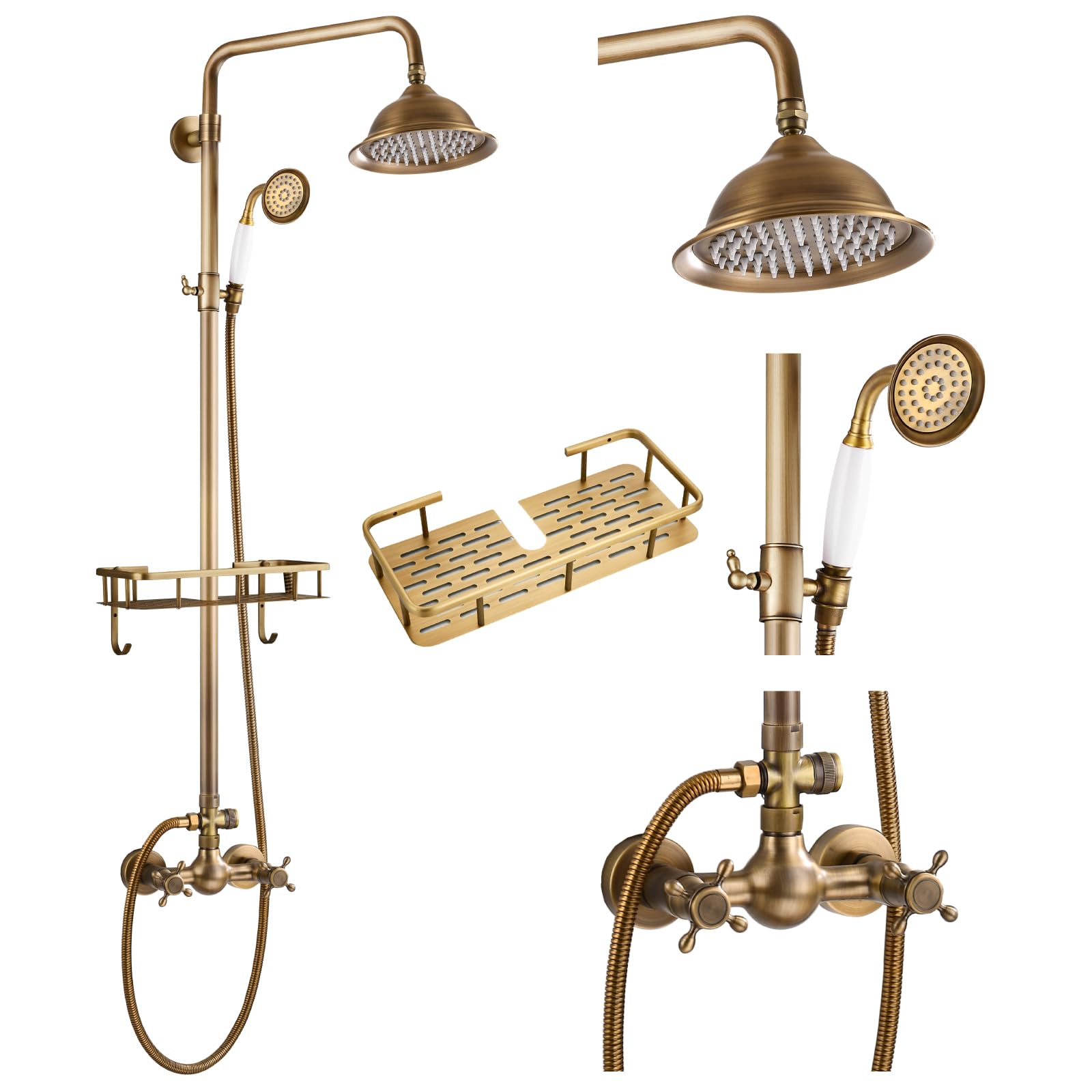 Gotonovo 8 Inch Antique Brass Exposed Shower Faucet System - Wall Mounted Double Cross Handle with Adjustable Rain Shower Head & Handheld Sprayer, 2 Functions & Built-in Shelf | Perfect for Vintage Bathroom Renovation & Spa-Like Shower Experience