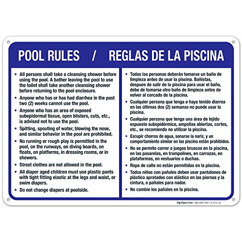 Pool Rules Bilingual Sign - Spanish & English - 10x14 Inch Rust-Free Aluminum - Fade Resistant - Indoor/Outdoor Use - Easy Mounting - Made in USA by Sigo Signs - Perfect for Backyard Pools, Community Centers & Water Parks