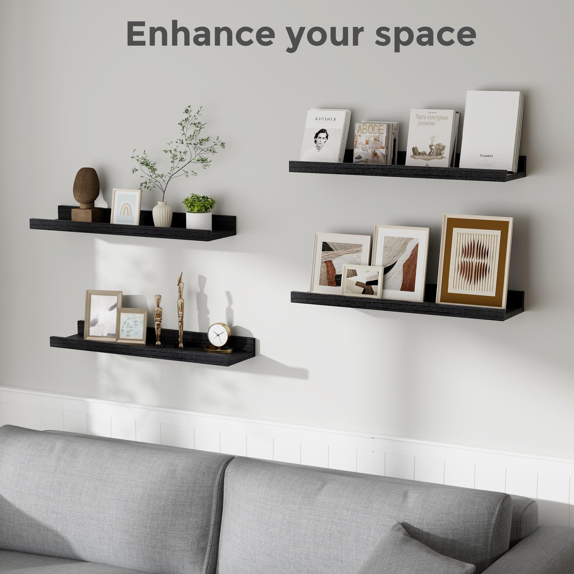 Rustic Black Floating Shelves with Lip - Set of 4 Solid Wood Wall Shelves (24 Inch) for Nursery, Kids Room, Living Room & Bedroom | Perfect for Books, Photos, Decor & Display | Wall Mounted Picture Ledge Shelf for Home Organization