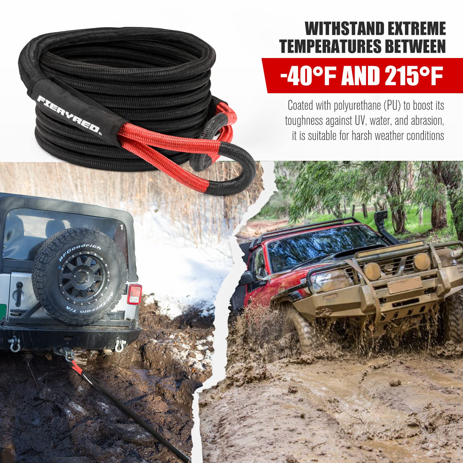 FieryRed 30FT 7/8 Inch Kinetic Energy Recovery Rope - Heavy Duty Snatch Strap with Reinforced Loops & Protective Sleeve for Off-Road Recovery | Ideal for 4x4, ATV, UTV, Pickup Trucks & Emergency Towing | Includes Durable Tote Bag for Storage & Transport