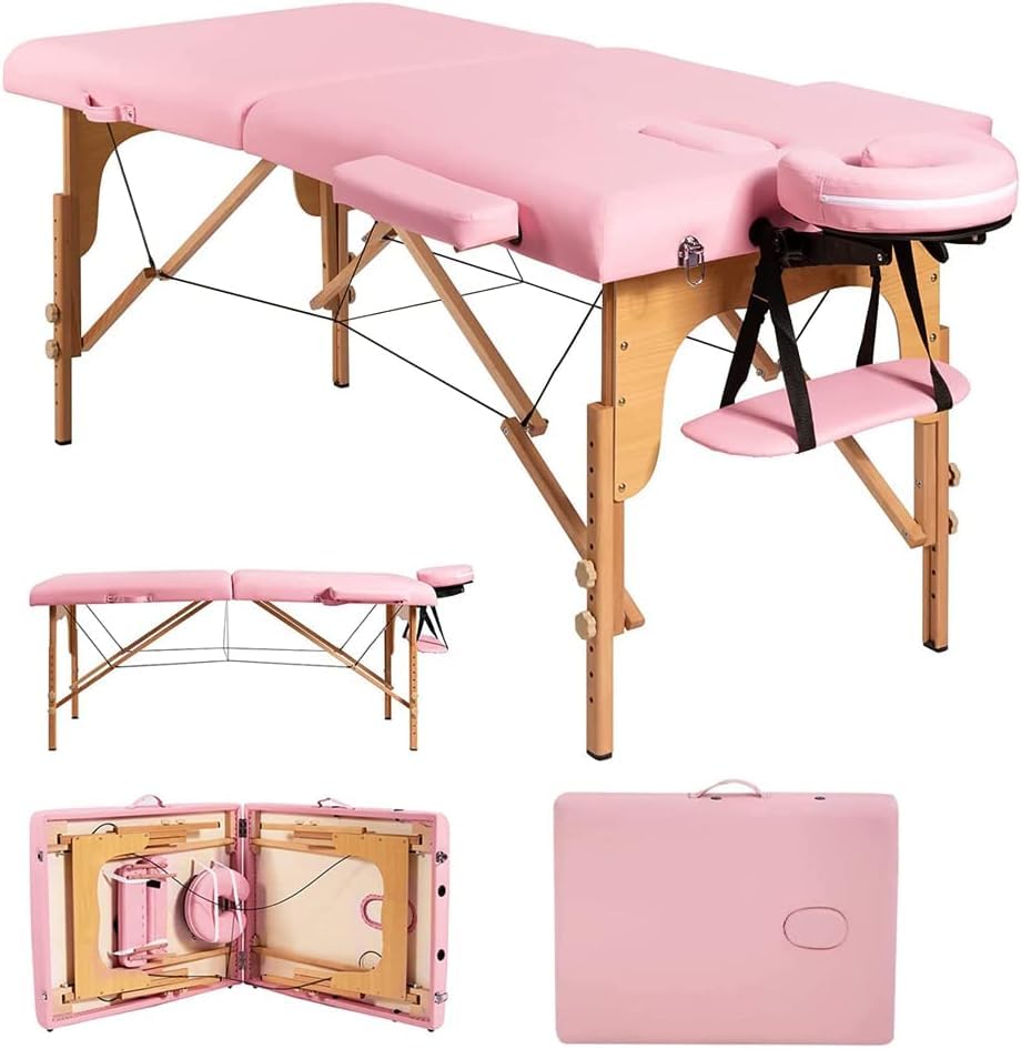 Portable Massage Table - Adjustable 2-Fold Spa Bed with Beech Wood Stands & PVC Leather - 84 Inch Professional Massage Therapy Table for Salon, Home Use - Includes Face Cradle (Pink) - Perfect for Relaxation, Deep Tissue & Swedish Massage Sessions