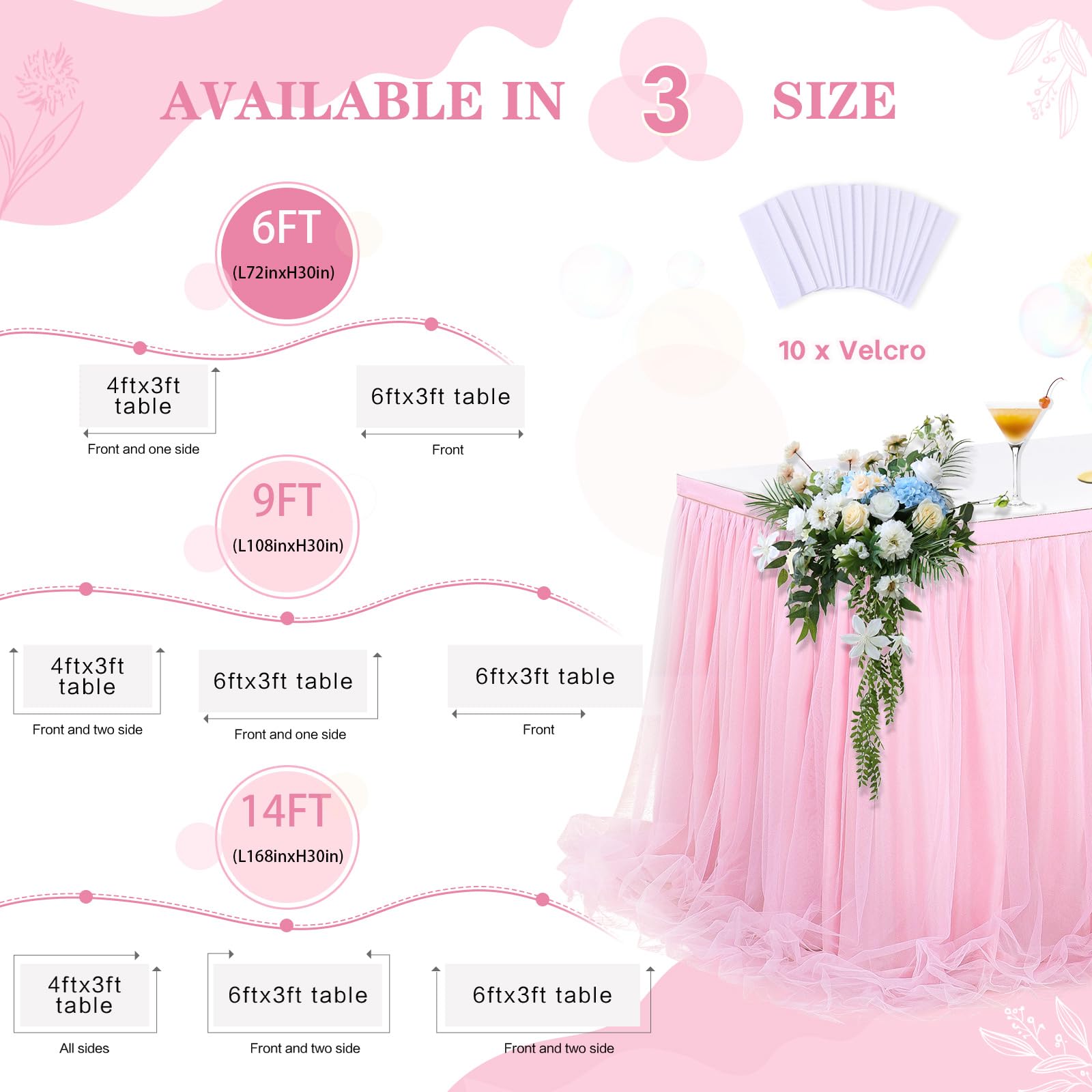 6ft Pink Tulle Table Skirt with LED Lights - Elegant Table Cover for Rectangle & Round Tables | Perfect for Baby Showers, Princess Birthday Parties, Cake & Dessert Table Decorations | Wedding, Quinceañera & Bridal Shower Decor