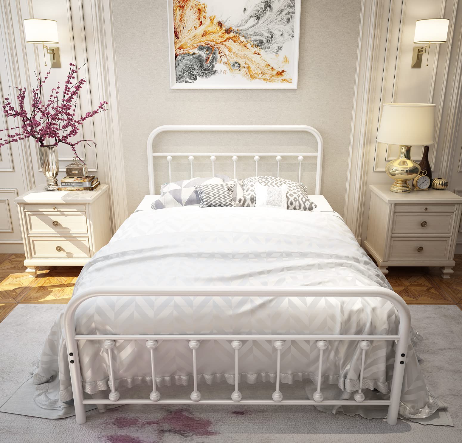 White Metal Bed Frame Full Size with Headboard & Footboard - Sturdy Platform Mattress Base with Metal Tube & Iron-Art Design - Perfect for Bedrooms, Guest Rooms & Dormitories (Full, White)