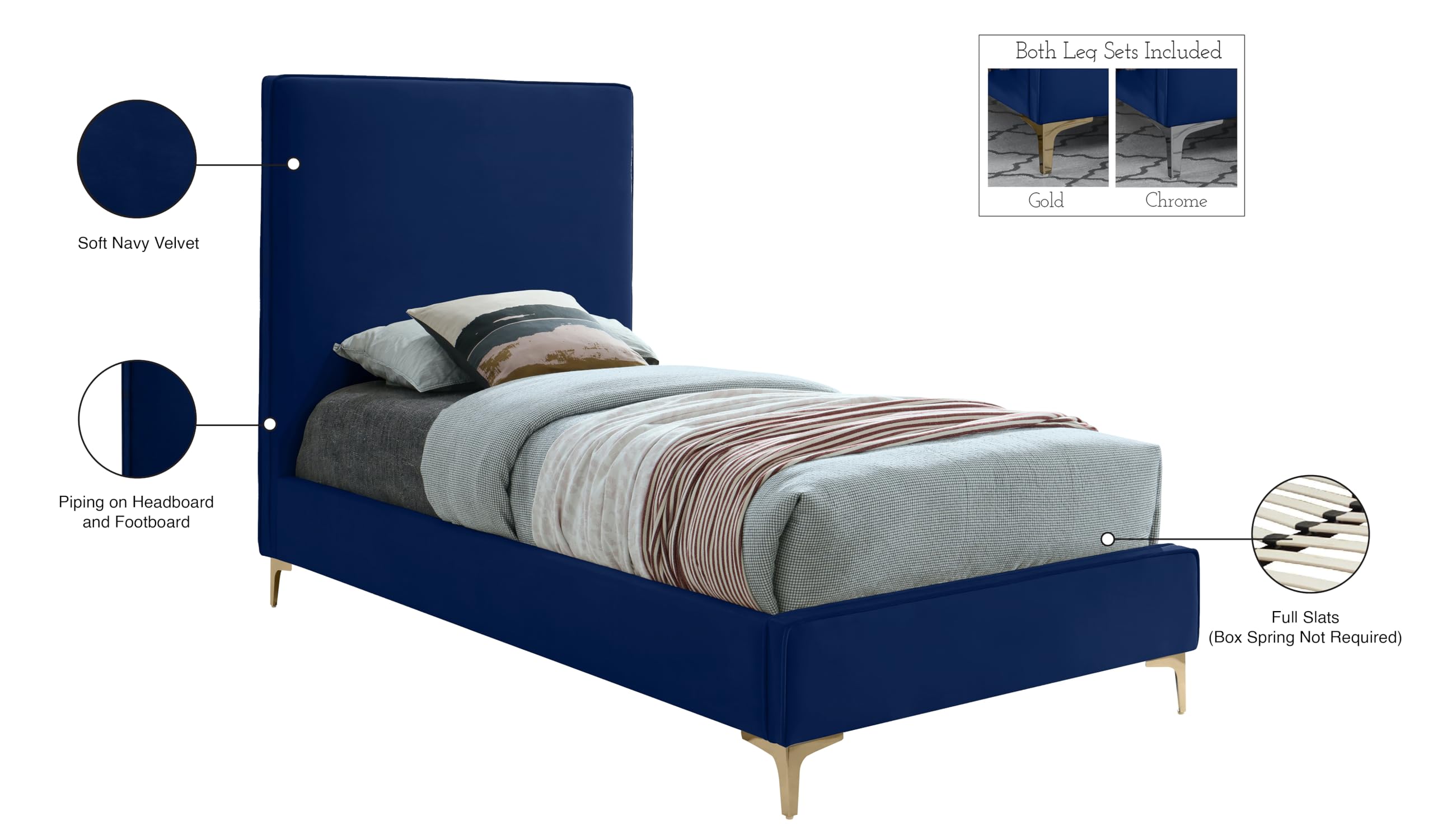 Modern Velvet Upholstered Twin Bed with Gold/Chrome Finish - Navy Blue Geri Collection by Meridian Furniture | Luxury Bedroom Decor for Contemporary Homes & Guest Rooms