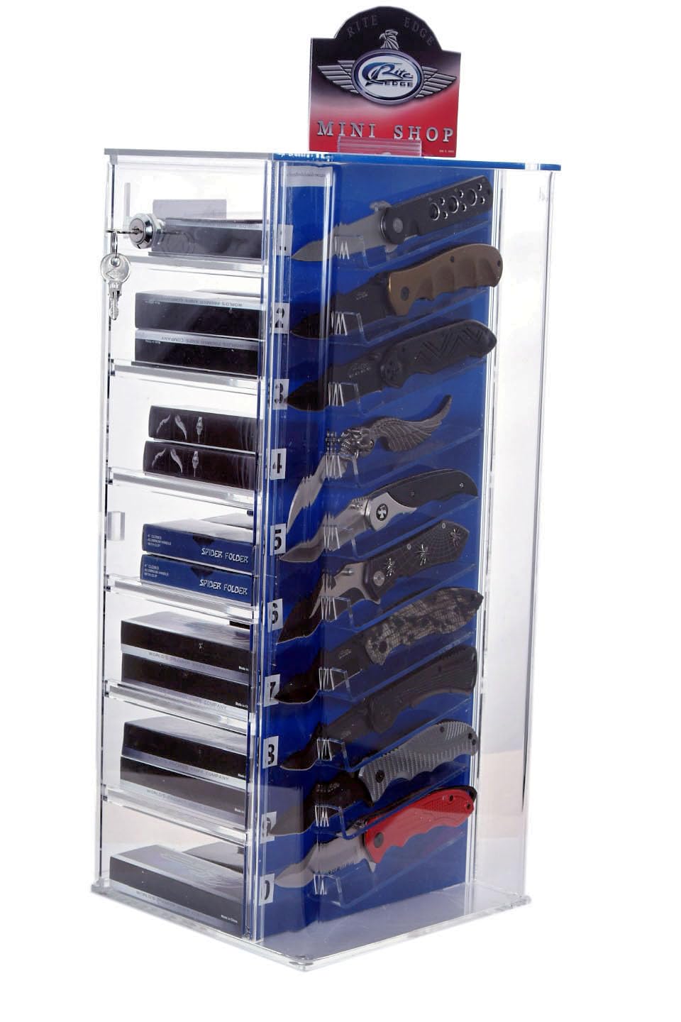 10-Piece Rotating Acrylic Knife Display Case with LED Lights - Rectangular Glass Stand Tower for Pocket Knives | Knife Organizer & Storage Cabinet with Shelves | Perfect for Retail Stores, Collections, and Home Display