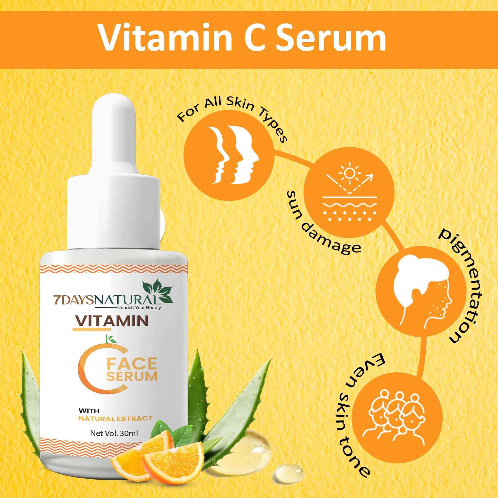 7 DAYS Vitamin C Face Serum with 2% Niacinamide - Brightens Skin Instantly, Reduces Dark Spots & Hyperpigmentation | Anti-Aging Facial Treatment for Glowing Skin | Day & Night Use for All Skin Types