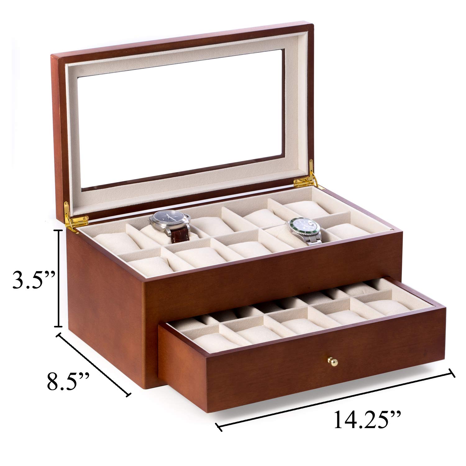 Bey-Berk Personalized 1-48 Slot Wooden Watch Box with Glass Display Top - Luxury Watch Organizer & Collector Case for Men Women - Perfect for Dresser, Closet, or Travel Storage