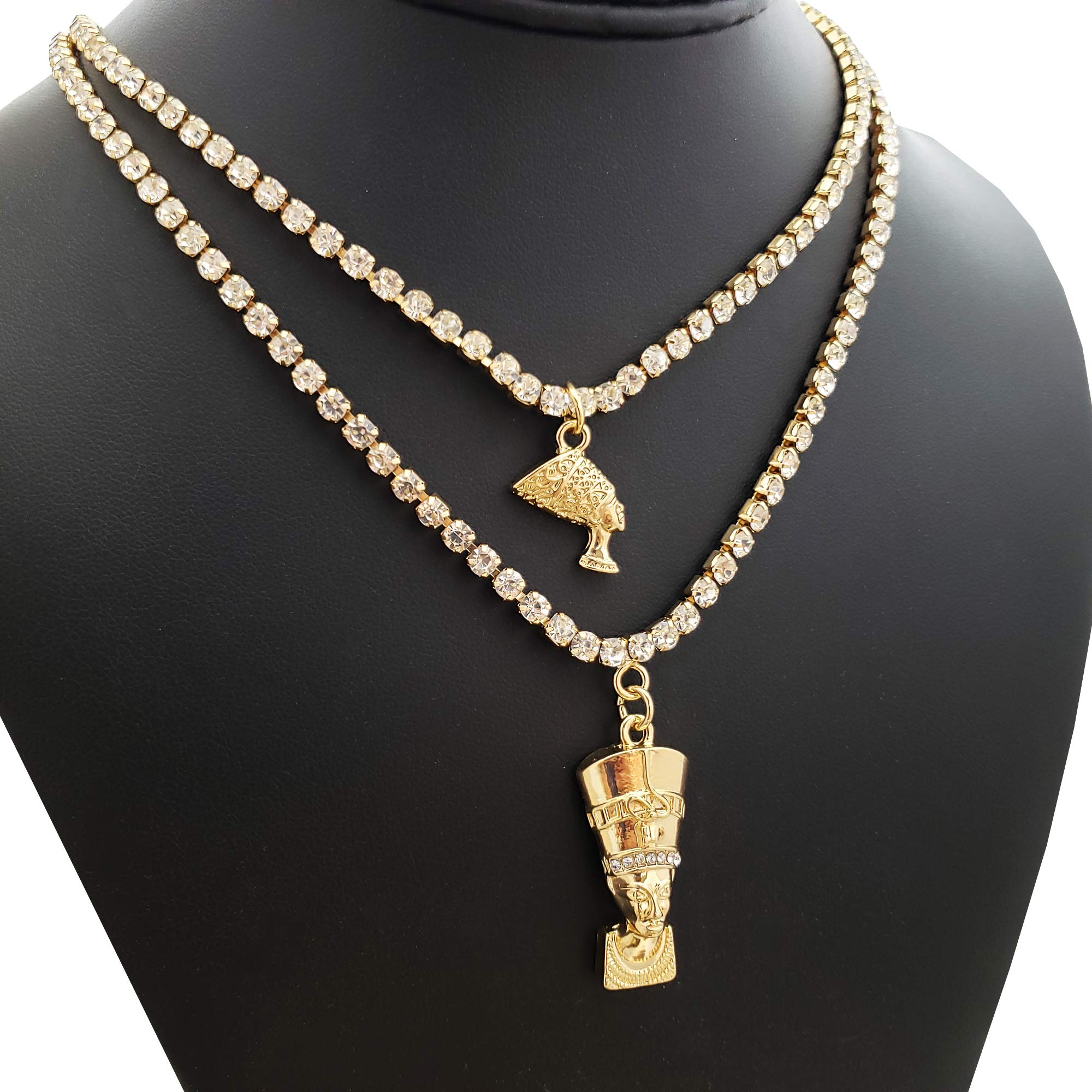 Hip Hop Iced Double Egyptian Nefertiti Pendant & 3mm 16