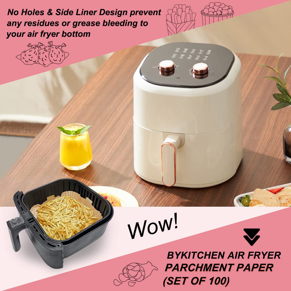 BYKITCHEN 100pcs 7.9 Inch Square Air Fryer Liners - Unbleached Parchment Paper Sheets for COSORI, Ninja, Tower & More | Disposable, Greaseproof, Non-Stick | Perfect for Roasting, Baking, Frying Healthy Meals