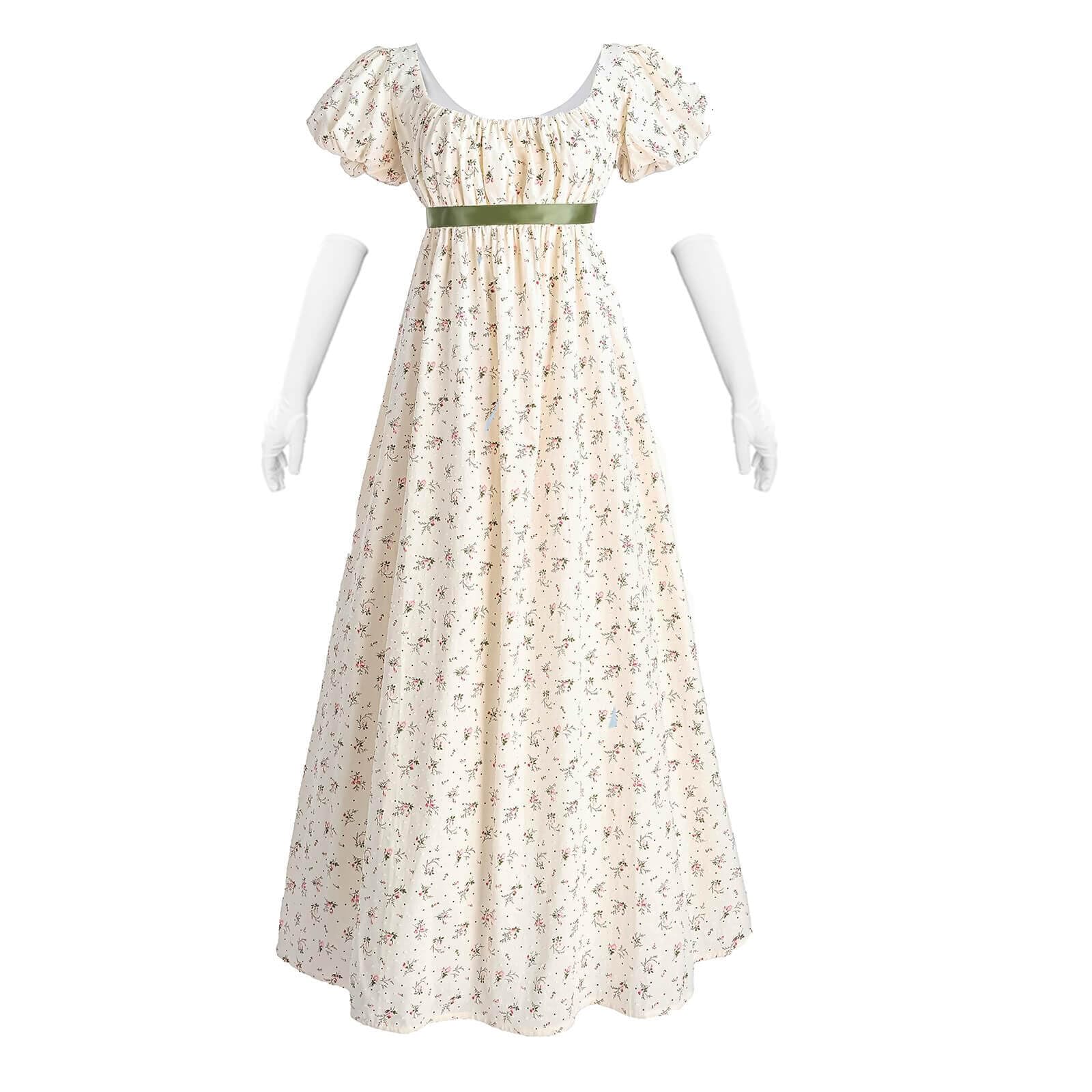 Nuoqi Women's Floral Regency Era Dress - Empire Waist Long Tea Party Gown for Historical Costume, Cosplay & Vintage Themed Events