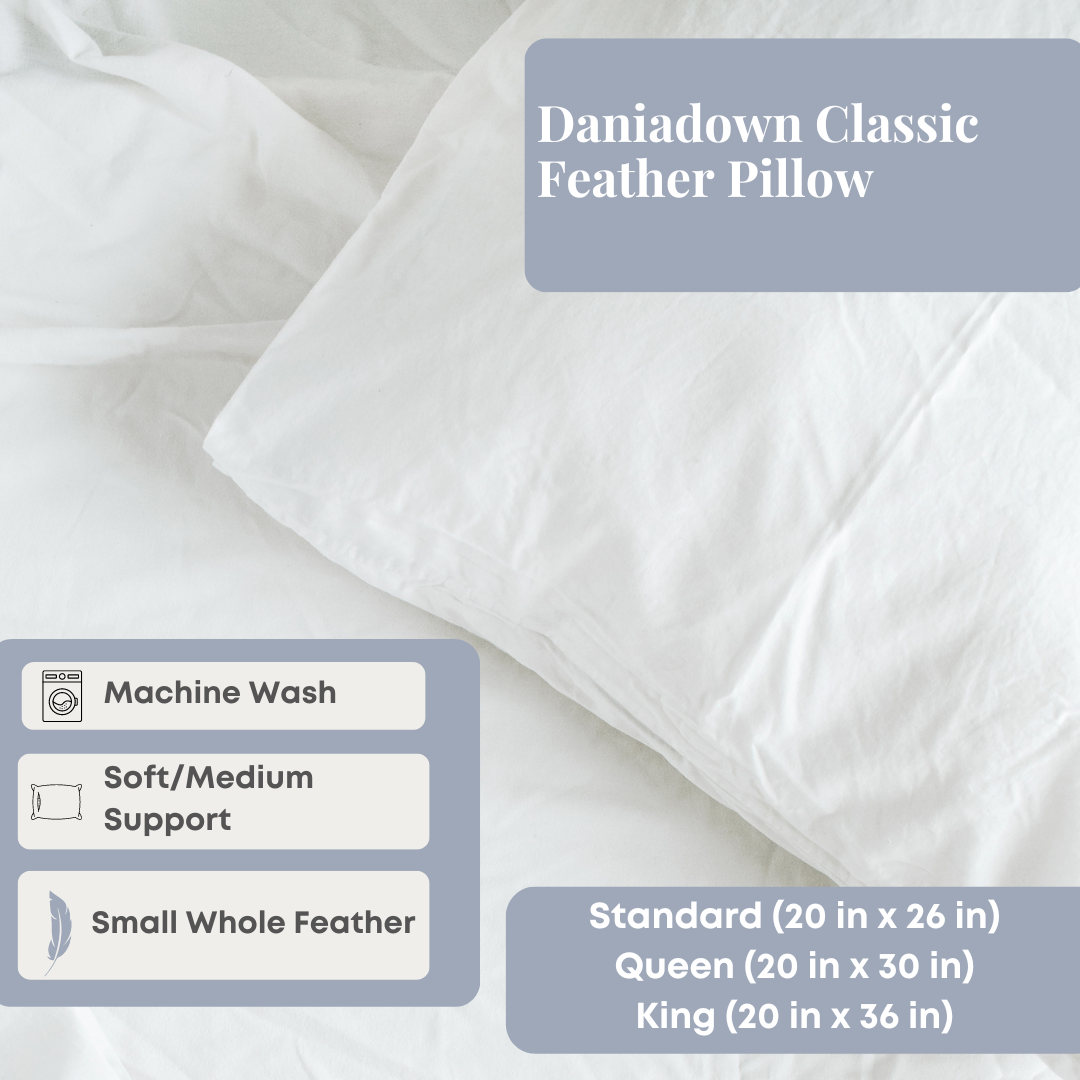 Premium Daniadown Classic Feather Pillow - Hypoallergenic & Supportive for Side, Back & Stomach Sleepers - Perfect for Bedroom, Guest Room & Travel Use
