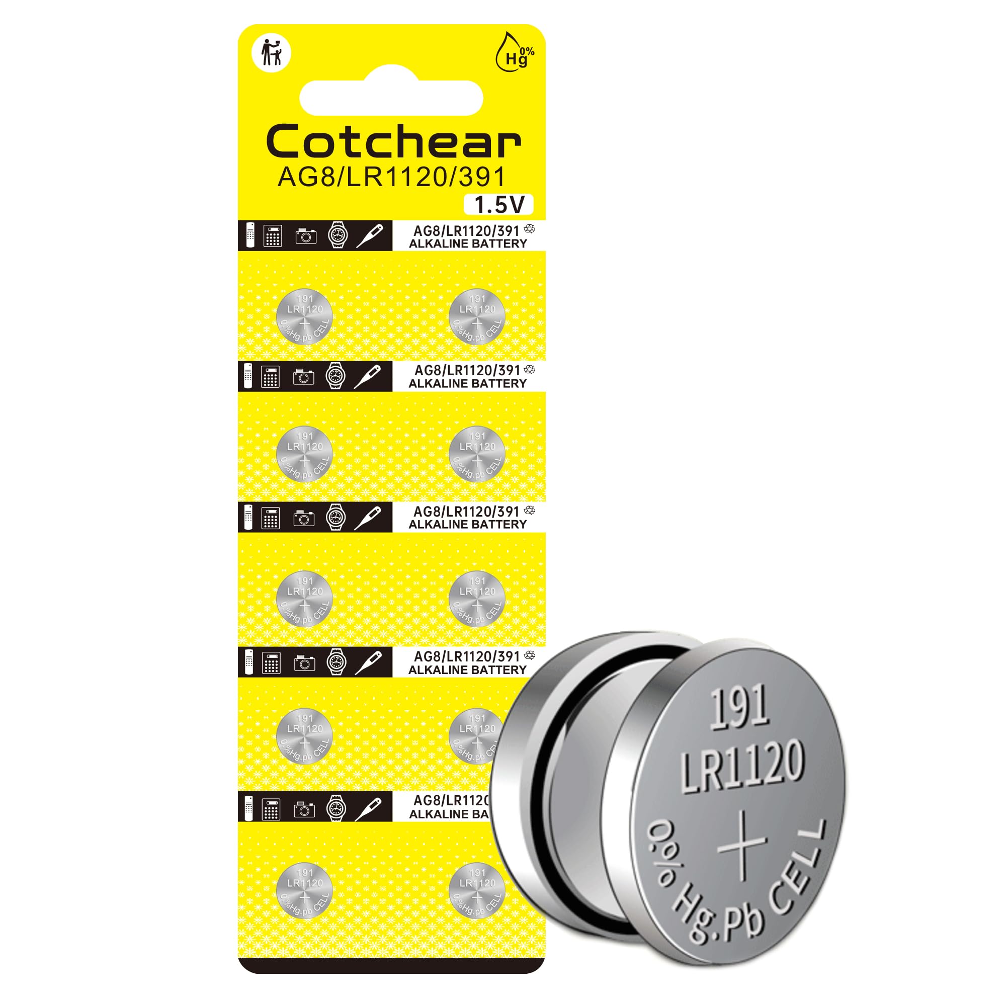 Cotchear 10-Pack AG8 Alkaline 1.5V Button Cell Batteries (LR1120/LR57/SR55/LR55/CX191/G8) - Long-Lasting Power for Watches, Toys, Remotes, Cameras & More - Perfect for Home, Office, and Travel Use