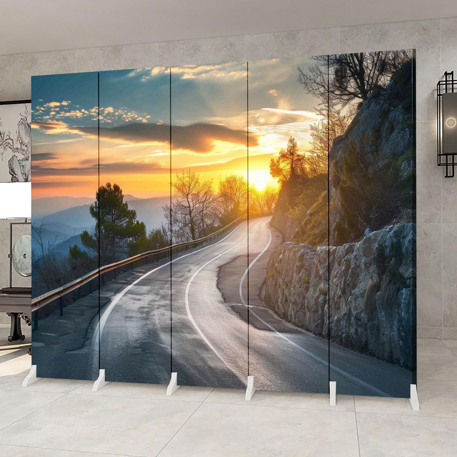5-Panel Folding Room Divider - Mountain Road Landscape with Sunny Sky & Clouds Canvas Print - Freestanding Privacy Partition for Bedroom, Office & Living Room - Indoor Protective Screen & Space Separator