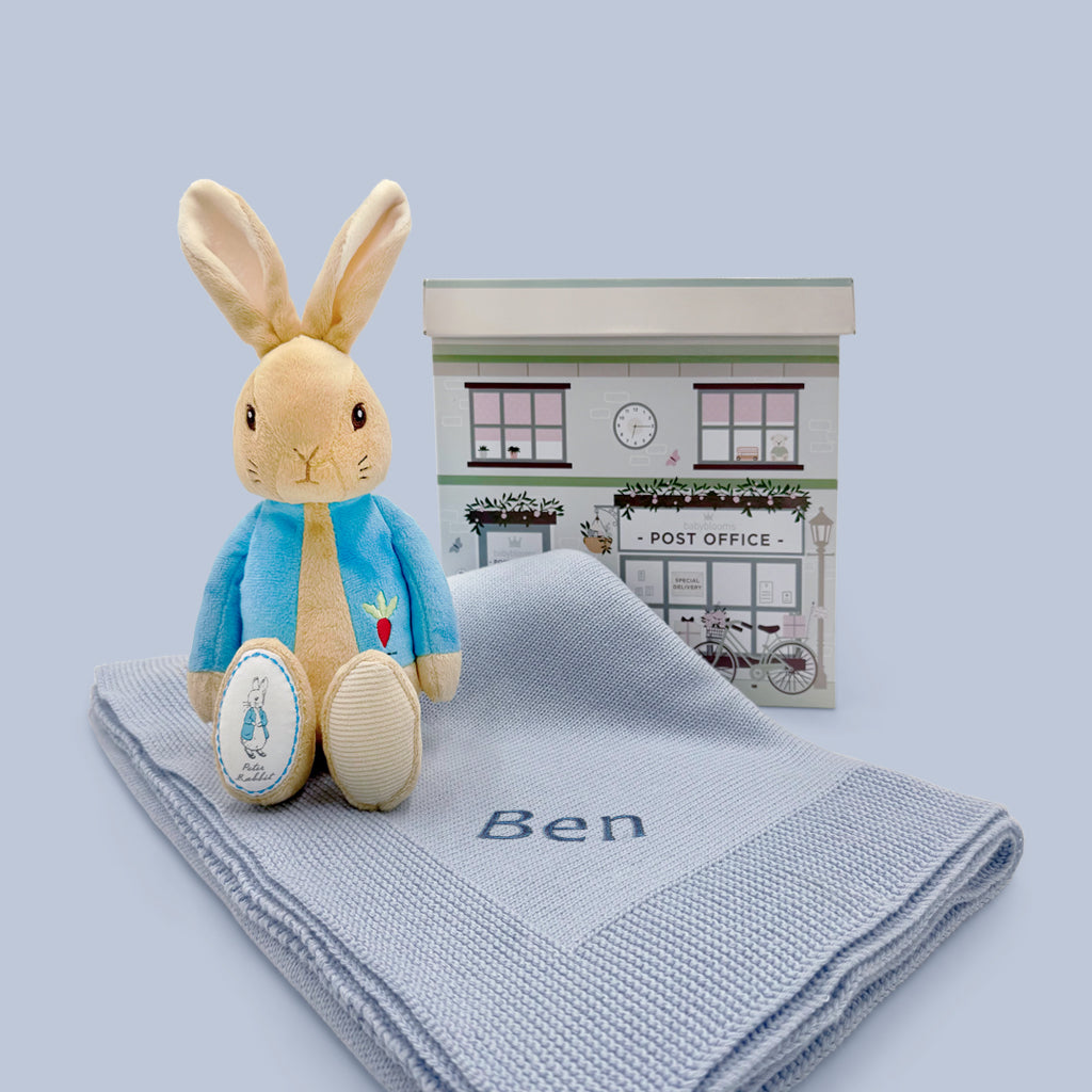 Personalized Peter Rabbit Baby Gift Set with Knitted Blanket - Blue | Newborn Shower, Christening, First Birthday Present for Boys & Girls