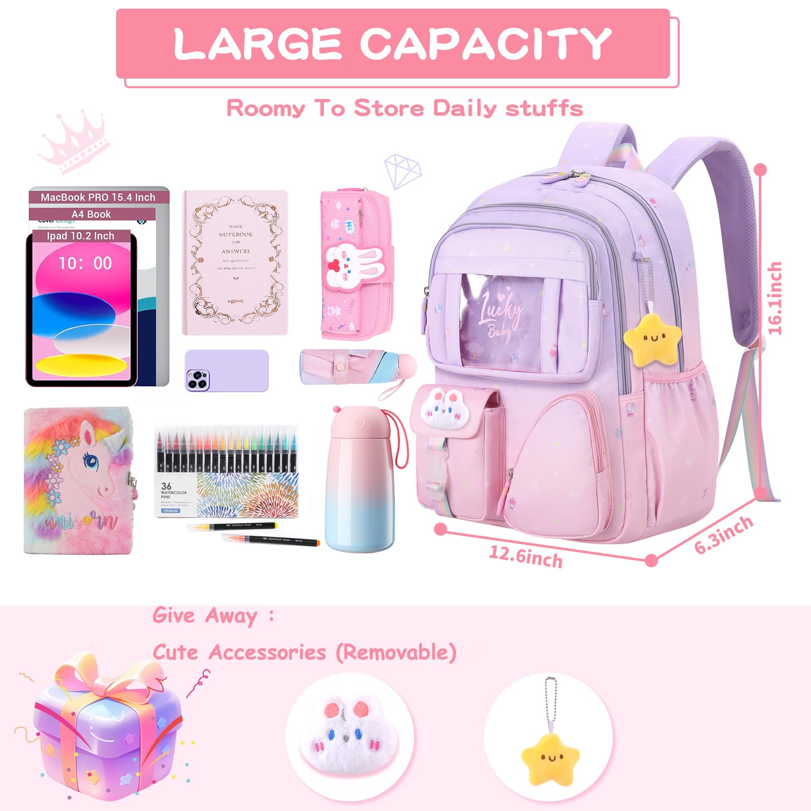 Stylish Gradient Color Girls Backpack - Waterproof School Bag for Elementary, Middle & High School Students with Multiple Pockets (16.1 Inch) - Perfect for School, Travel & Daily Use