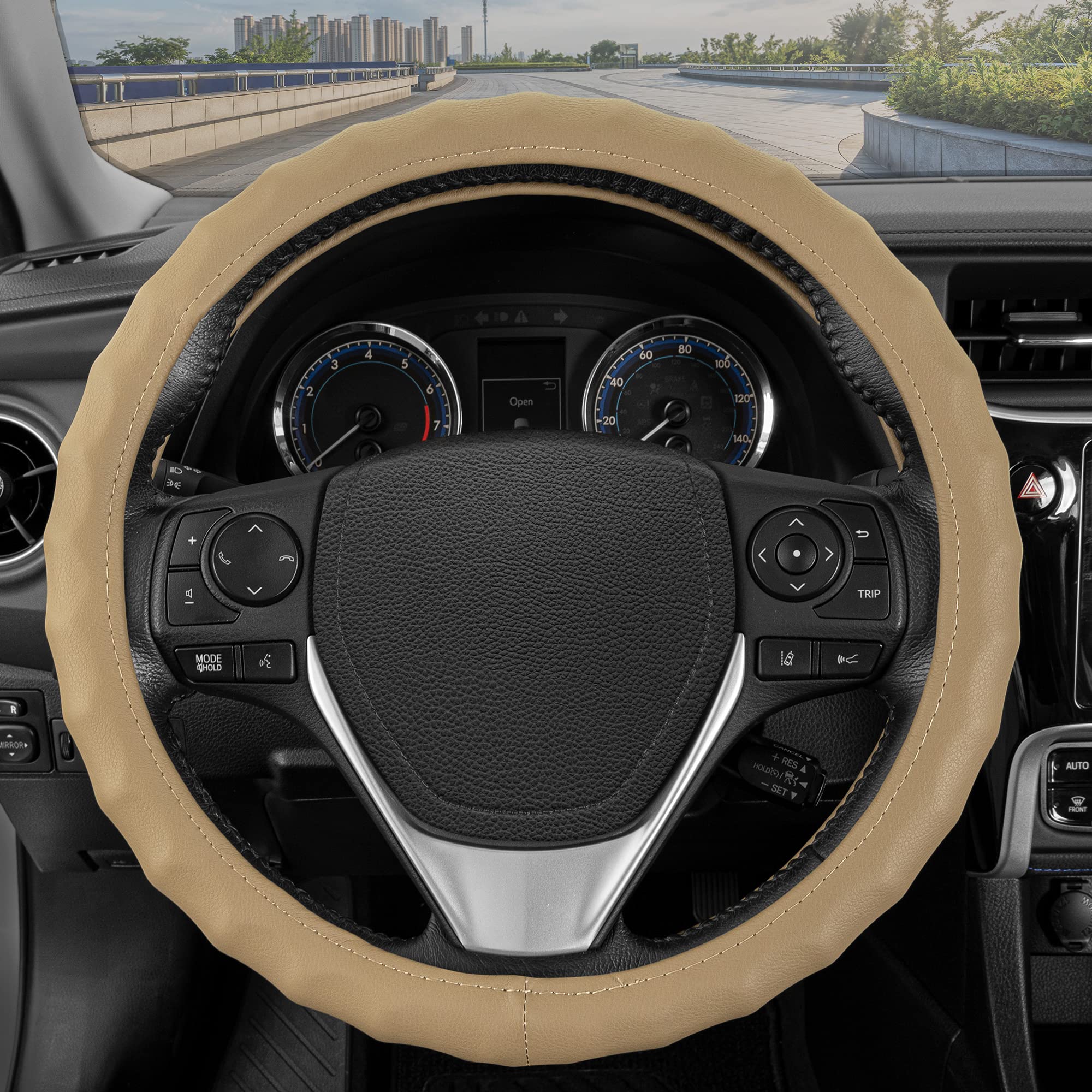 Premium BDK Beige Leather Steering Wheel Cover - Universal Fit 15.5
