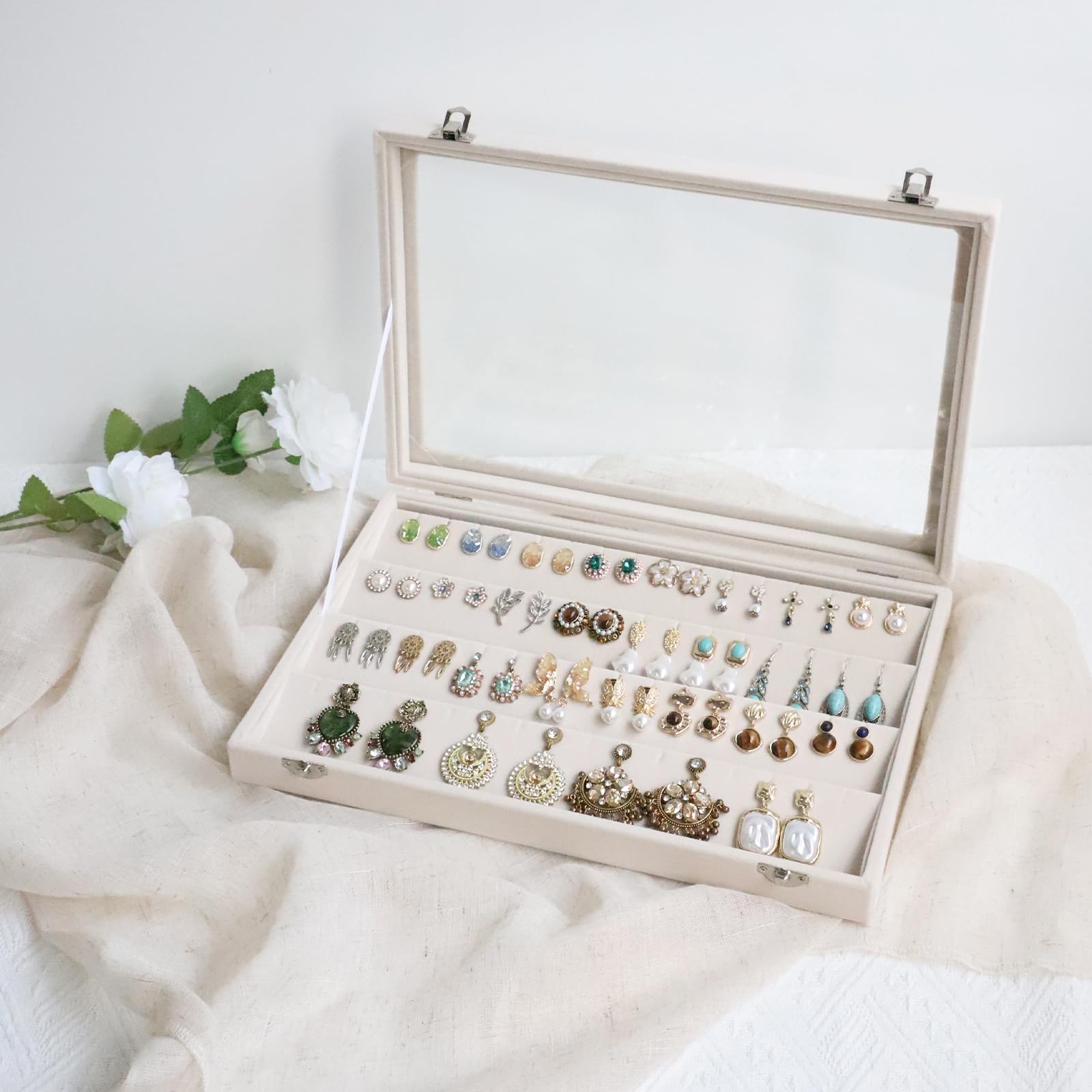 Wudygirl Velvet Earring Organizer with Clear Lid - 64 Slot Jewelry Storage Box with Lock, Beige Jewelry Tray for Earrings, Necklaces & Rings - Perfect for Travel, Home Decor and Gift Giving