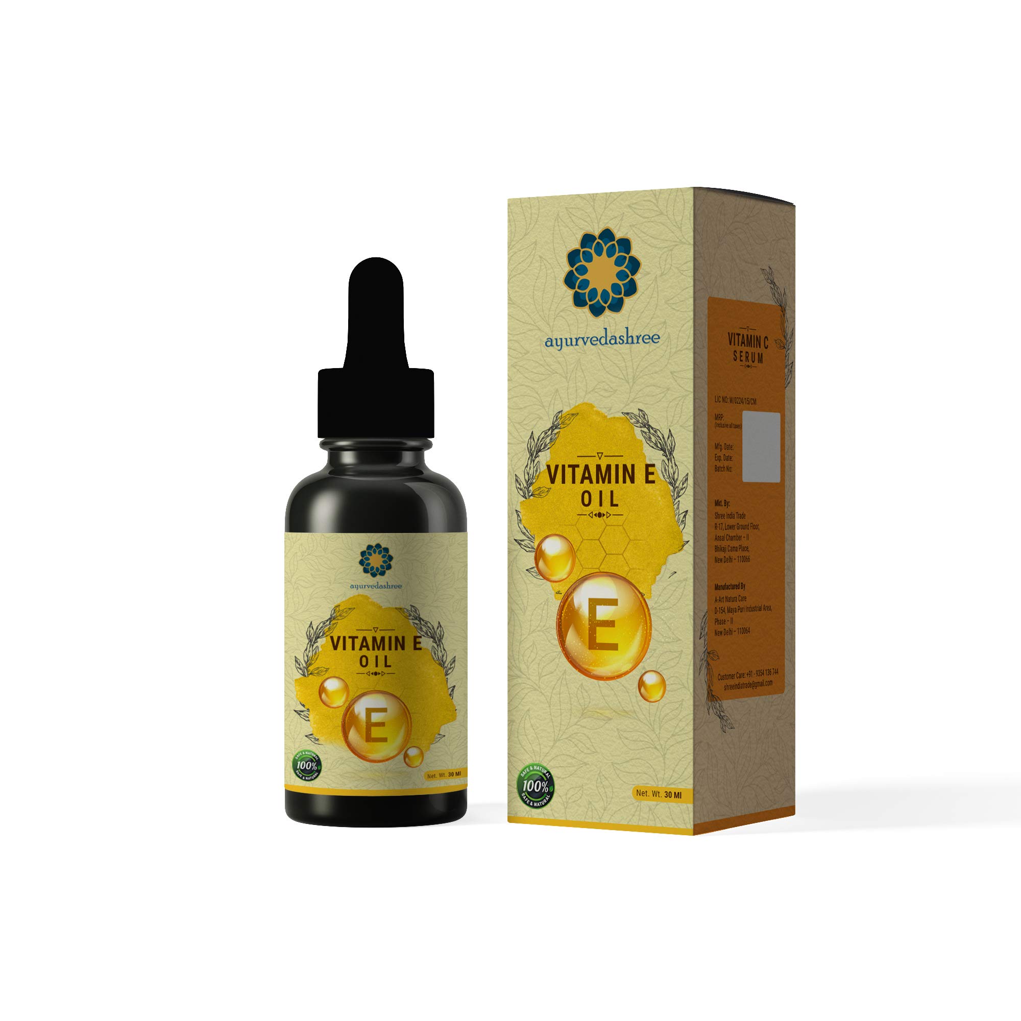 AYURVEDASHREE Vitamin E Oil 30ml with Almond, Argan & Grape Seed Oils - Natural Skin & Hair Care for Hydration, Anti-Aging & Repair - Perfect for Face, Body & Scalp Treatment