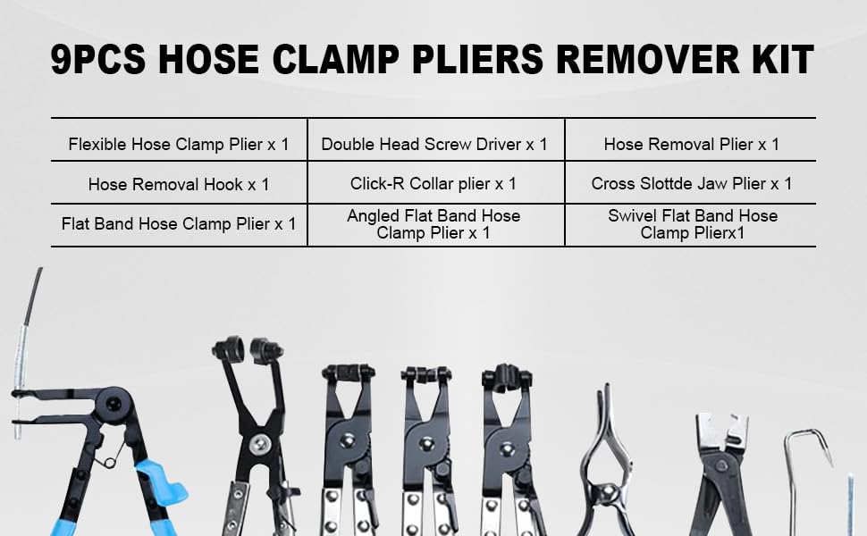 9-Piece Hose Clamp Pliers Tool Set - Long Reach Wire Spring Hose Clamp Remover - Universal Automotive Fuel Oil Water Hose Removal Kit for Car, Truck & DIY Repairs
