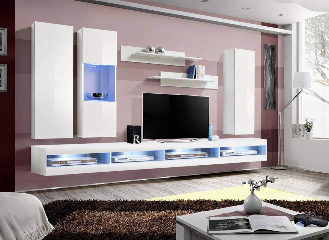 Modern White Wall-Mounted TV Stand with Storage Shelves & LED Lights - 34