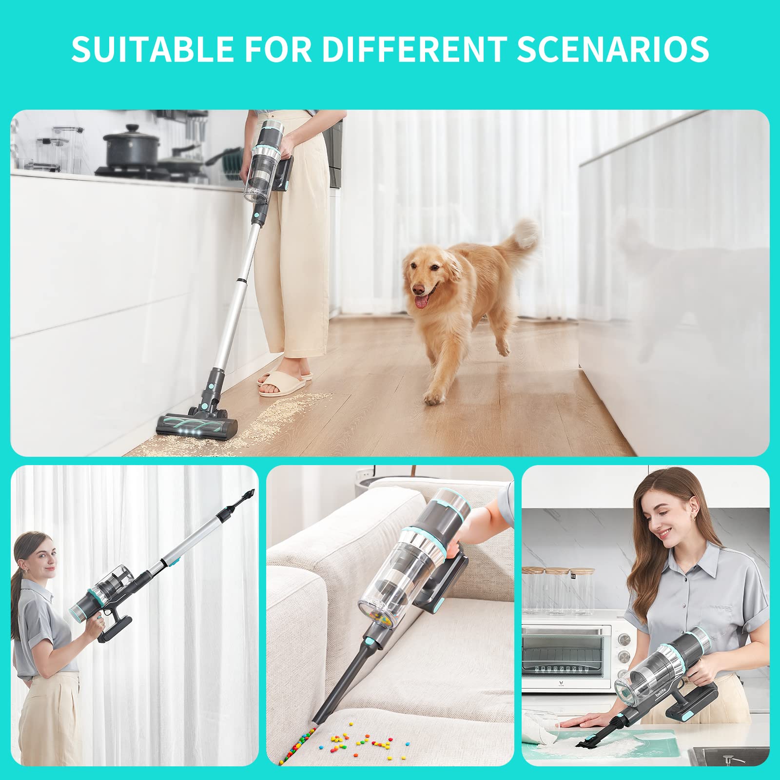 Belife BVC11 Cordless Stick Vacuum Cleaner - 2 Detachable Batteries, 80min Runtime, 25Kpa 380W Brushless Motor, Lightweight for Hardwood Floors & Carpets - Pet Hair Cleaning with LED Touch Display - Perfect for Home Cleaning & Pet Owners