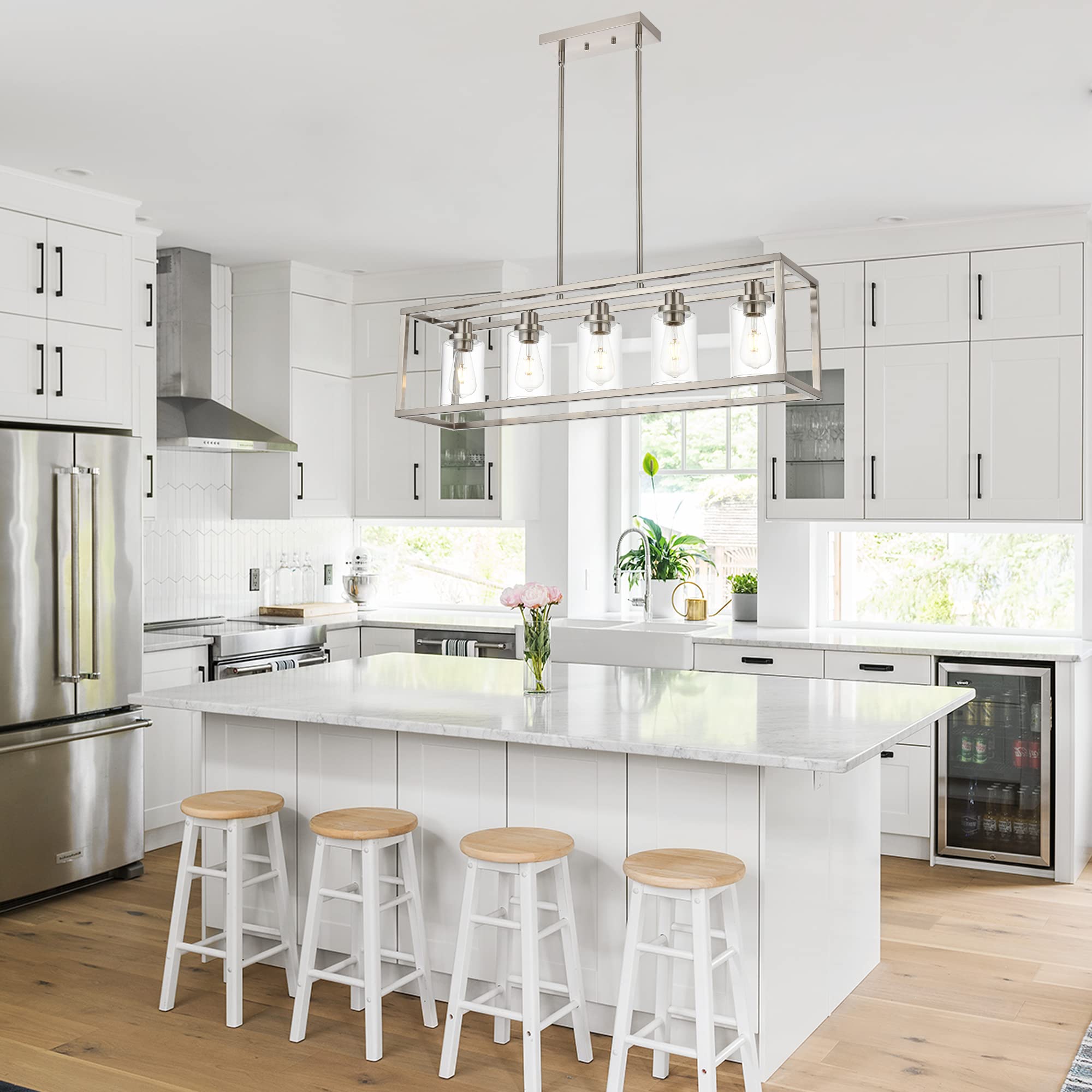 MELUCEE 5-Light Modern Brushed Nickel Pendant Light - Clear Glass Shade Contemporary Chandelier for Dining Room, Kitchen Island, Living Room & Bedroom | Elegant Hanging Lighting Fixture for Home Decor
