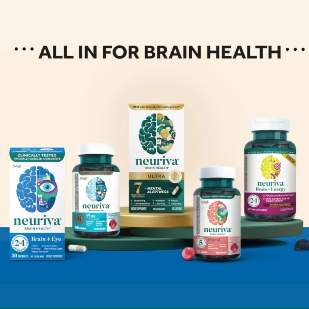NEURIVA Brain & Eye Supplement for Memory, Focus & Concentration - Clinically Proven Lutein & Zeaxanthin with Vitamins A, C, E + Zinc - Supports Eye Health & Blue Light Protection - 30 Capsules (3 Pack) - Ideal for Students, Professionals & Gamers