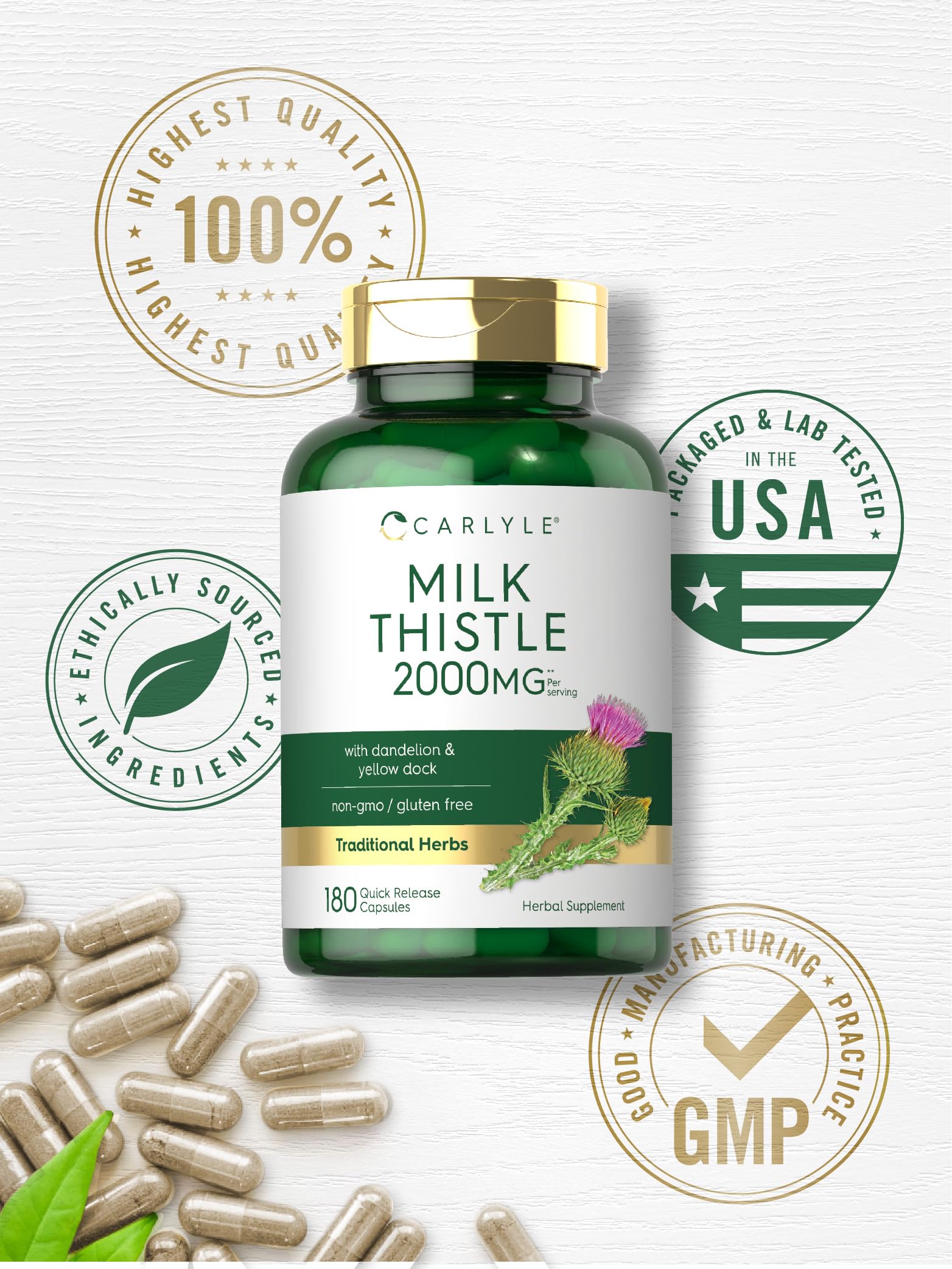 Carlyle Milk Thistle 2000mg Supplement | 180 Capsules with Dandelion & Yellow Dock | Non-GMO, Gluten Free Liver Support | Natural Detox & Digestive Health for Daily Wellness