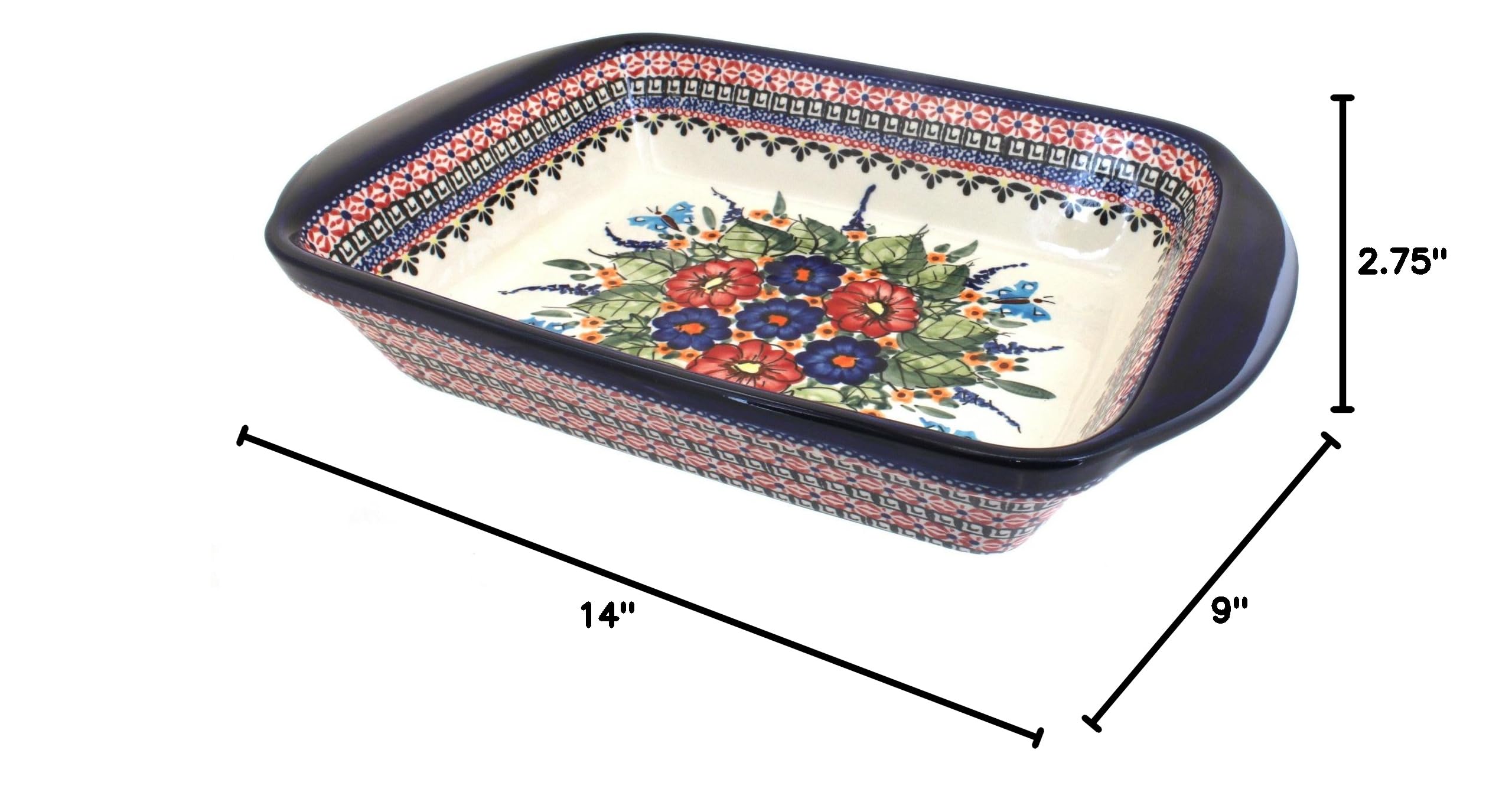 Handmade Blue Rose Polish Pottery Rectangular Baker with Floral Butterfly Design & Sturdy Handles – Perfect for Baking, Serving & Home Decor