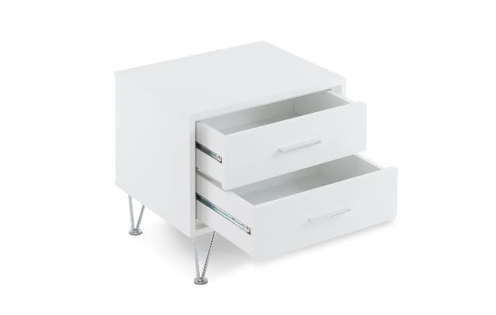 HomeRoots 2-Tier White Wooden Drawer Chrome Nightstand - Modern Bedside Table for Bedroom with Storage Space | Perfect for Small Spaces, Apartments & Guest Rooms
