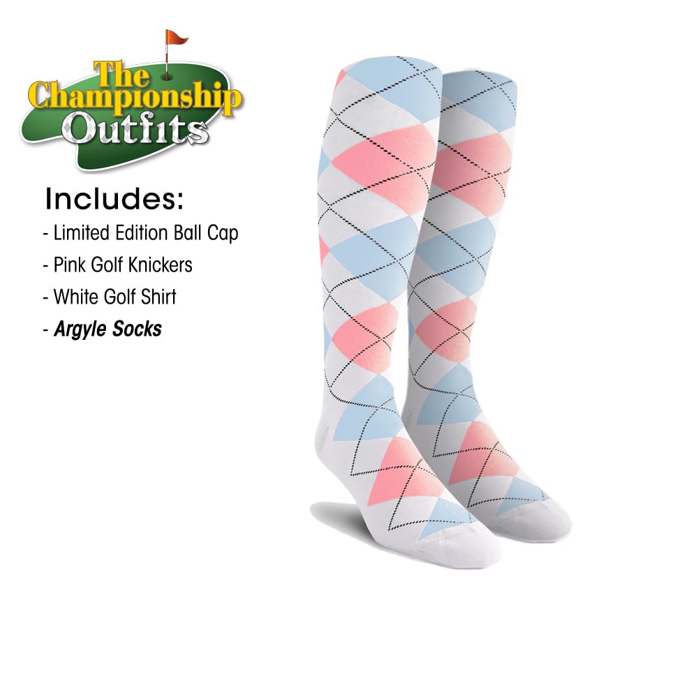 **Men's Stylish Pink Microfiber Golf Outfit – Limited Edition Ball Cap, Over-The-Calf Argyle Socks & White Golf Shirt – Perfect for Golfing, Casual Wear & Outdoor Activities**