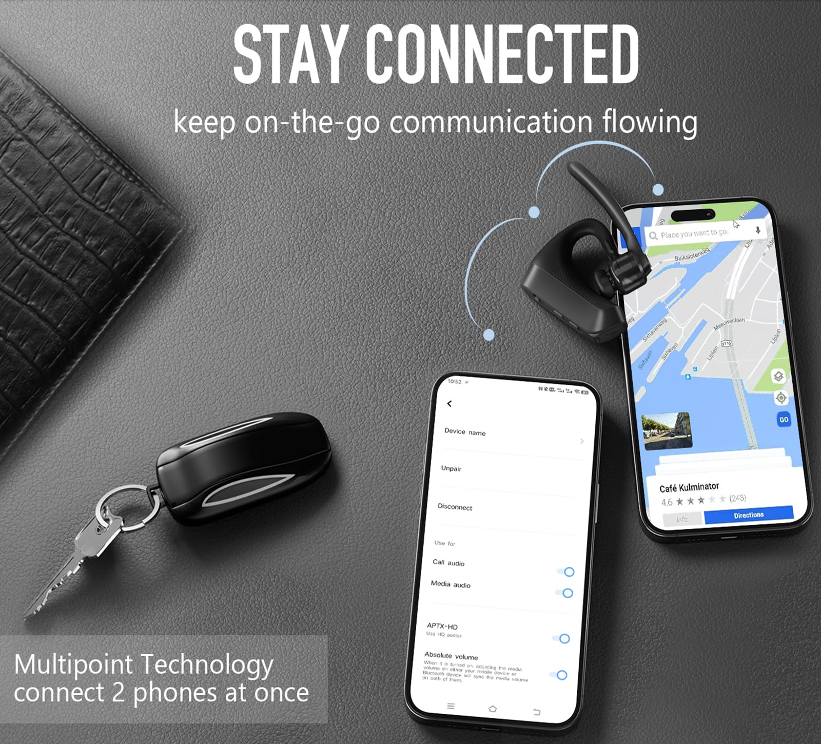 Conambo K10C Bluetooth Headset V5.2 Wireless Earpiece - CVC8.0 Dual Mic Noise Cancelling, 16Hrs Talk Time, Compatible with iPhone & Android - Perfect for Truckers, Office Work, Driving & Conference Calls