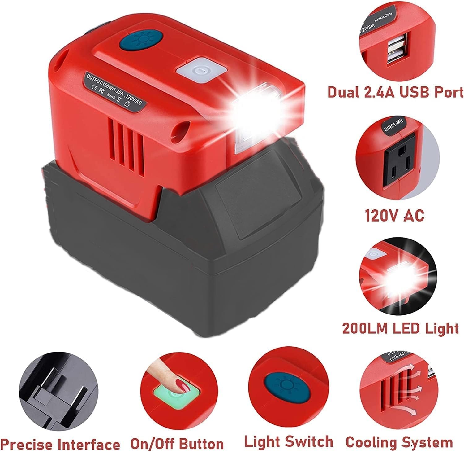Milwaukee M18 USB Charger Adapter - 150W Power Inverter for Milwaukee Tools | 18V DC to 110V/120V AC Converter with LED Light | Perfect for Job Sites, Camping & Power Outages