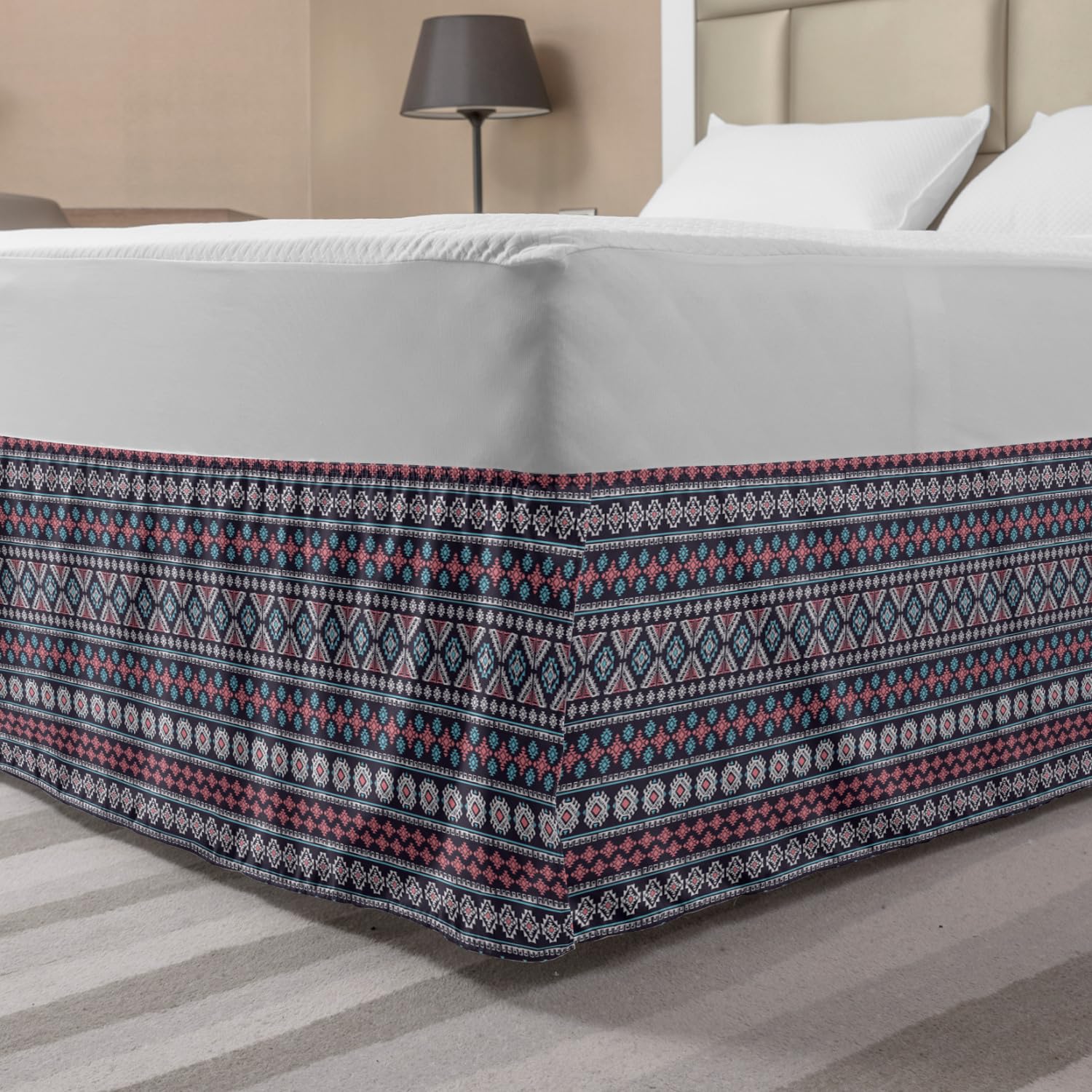 Ambesonne Mexican Print Bedskirt - Ancient Kingdom Inspired Motifs, Elastic Wrap Around Bed Skirt with Gathered Design for King Size Beds, Eggplant Multicolor | Perfect for Bohemian & Ethnic Bedroom Decor