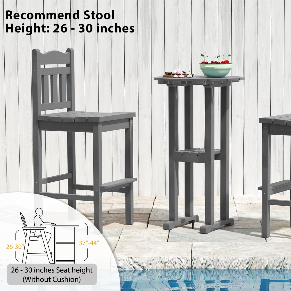 Sundale Outdoor 3-Piece Adirondack Bar Set - 2 Counter Height Adirondack Chairs & Round Side Table - Durable HDPE Stools for Patio, Deck, or Garden - Gray Bistro Dining Furniture for Outdoor Entertaining