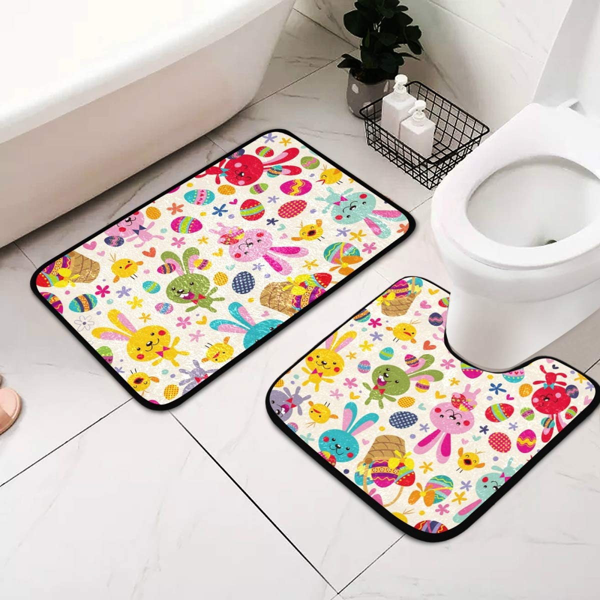 Easter Bunny Bathroom Rug Set - Cute Rabbit Bath Mat for Holiday Decor