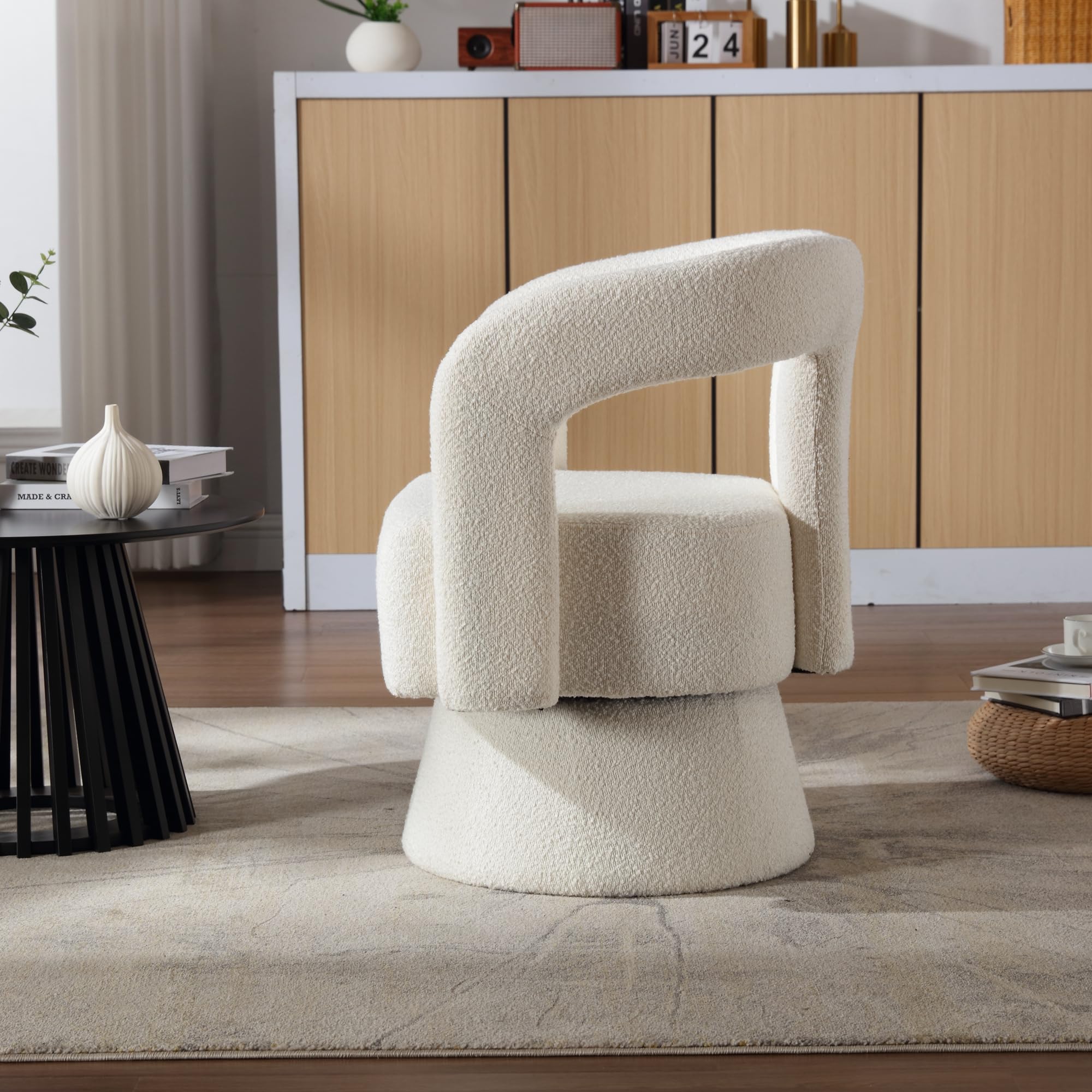 360 Degree Swivel Accent Chair - Comfy Upholstered Barrel Armchair with Round Arms for Living Room, Bedroom & Office - Beige Leisure Reading Chair for Relaxing, Working & Lounging