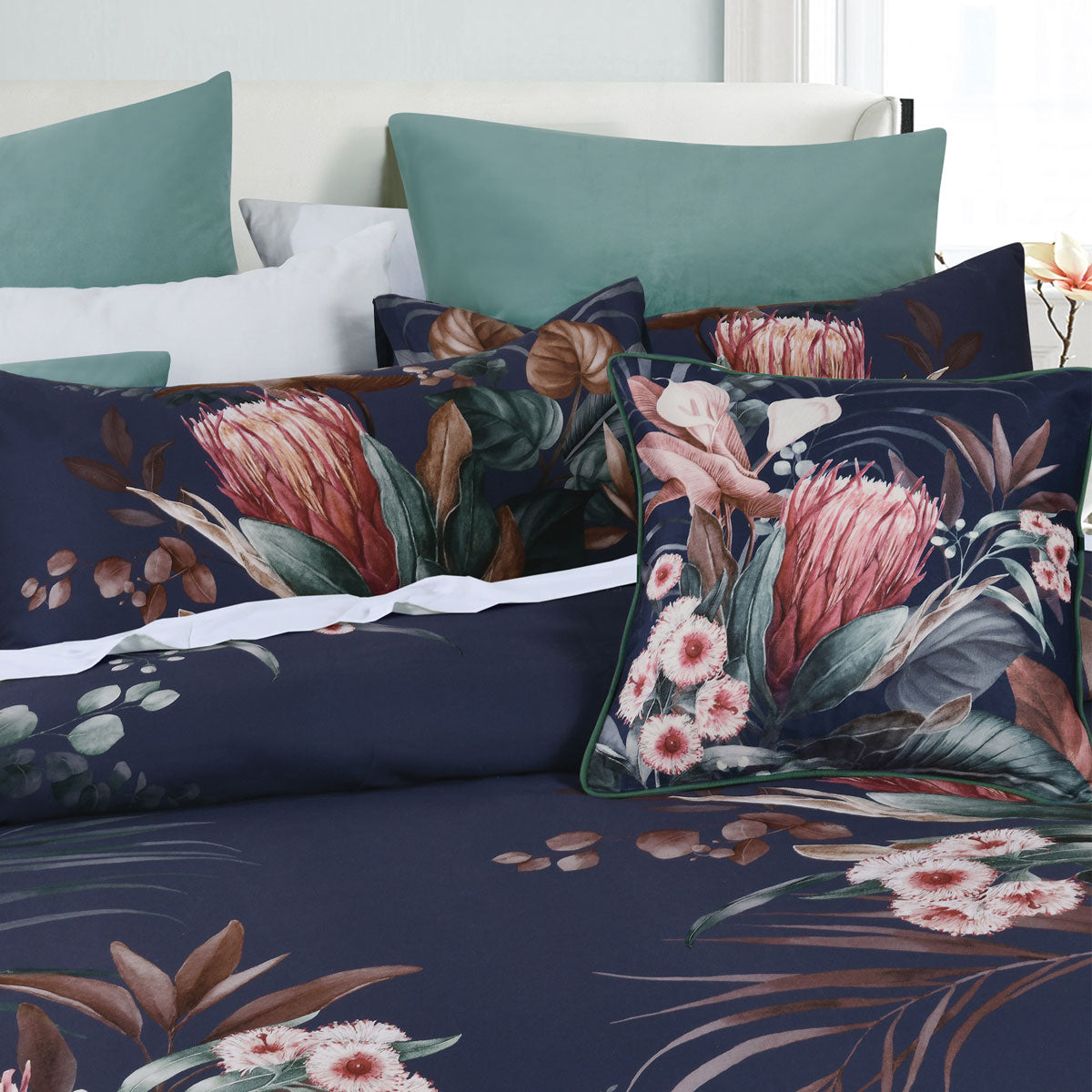 Bianca Balwyn Navy Blue Cotton Sateen Botanical Print Quilt Cover Set - Queen Size Bedding for Master Bedroom & Guest Room Decor