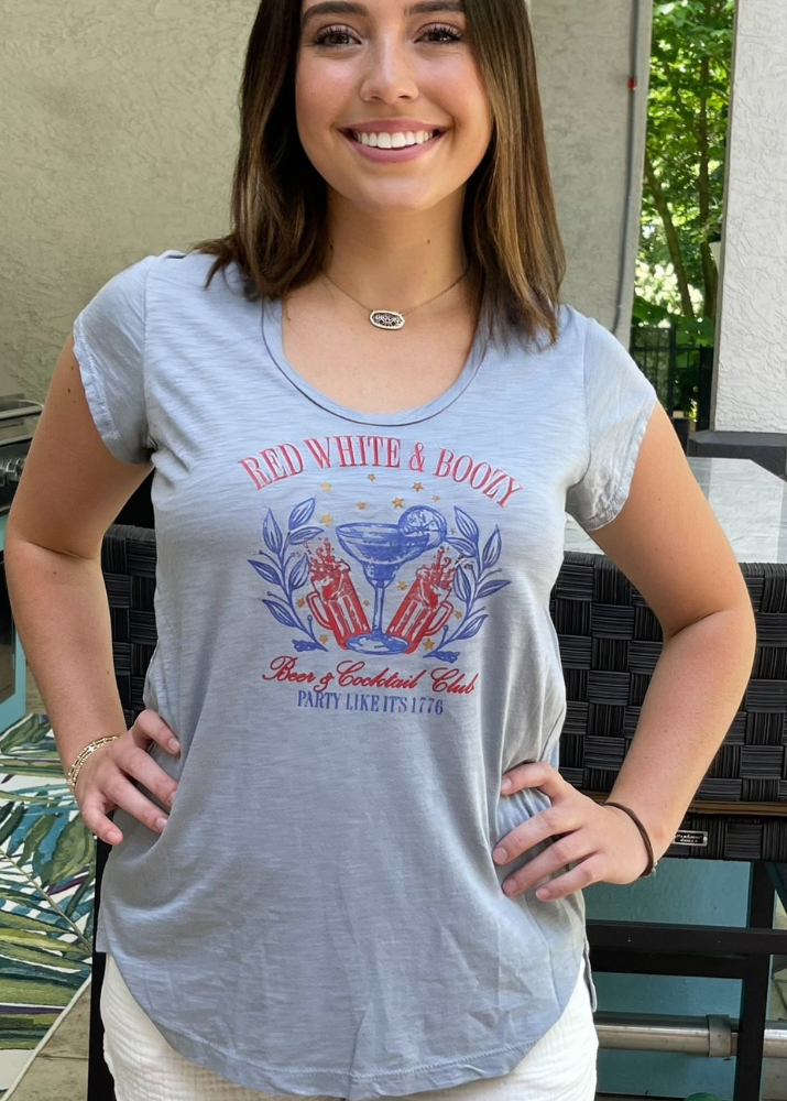 Red White and Boozy Graphic Patriotic 4th of July T-Shirt - American Flag Themed Party Shirt for Independence Day Celebrations, BBQ Parties & Summer Festivals