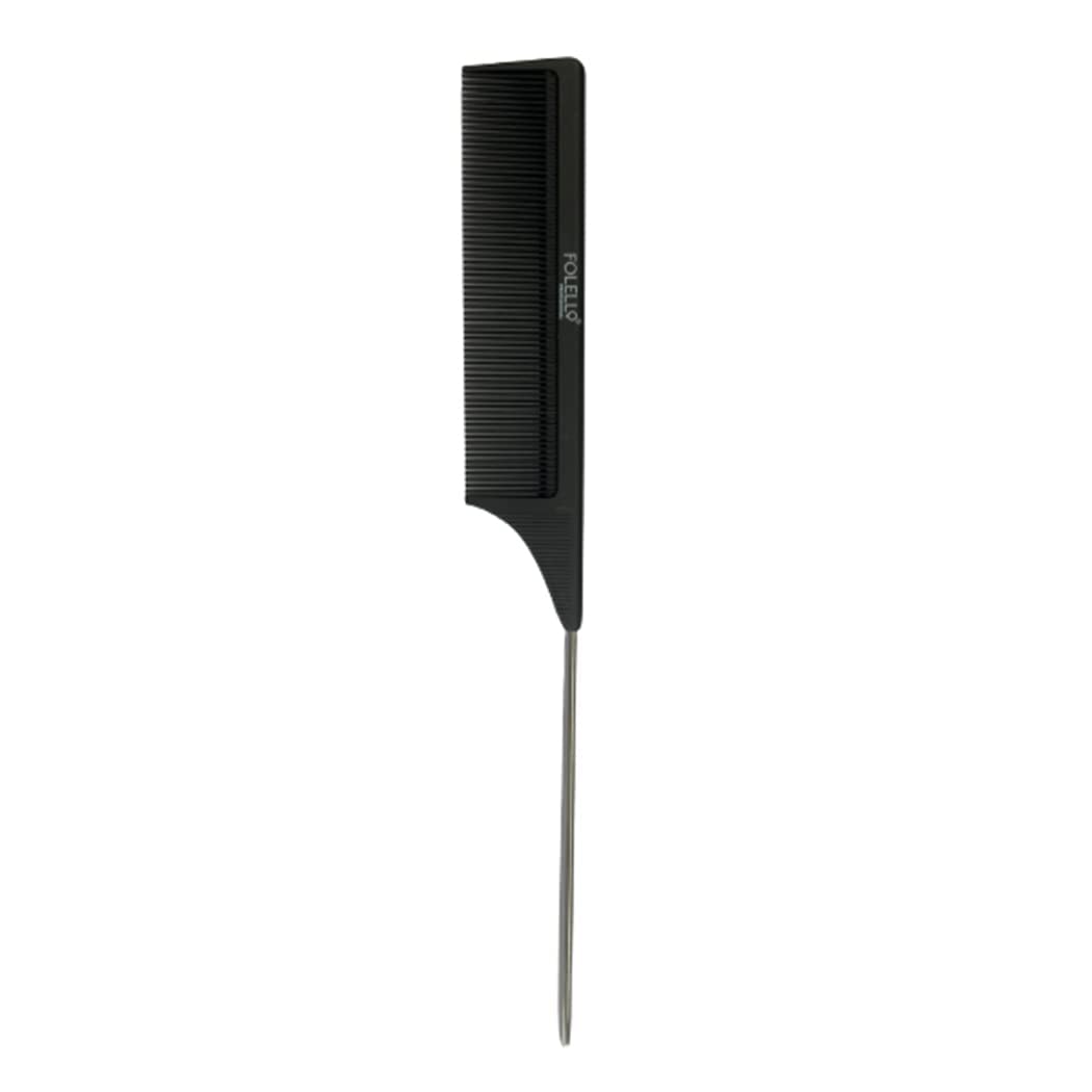 FOLELLO Professional Carbon Fiber Pin Tail Comb - Black Stainless Steel Pintail Comb for Hair Styling - Anti Static & Heat Resistant Lightweight Teasing Comb - Perfect for Salon, Home Use & Travel Hair Care
