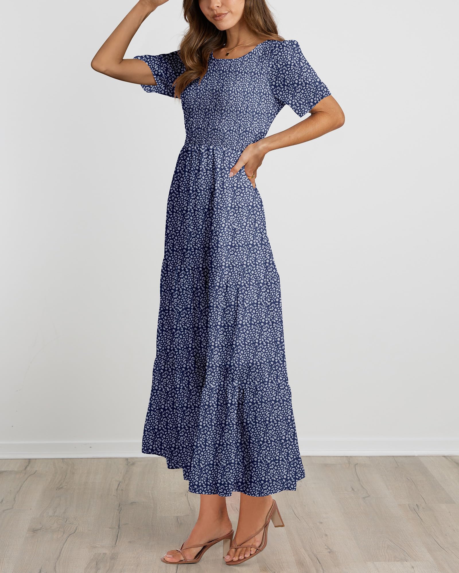 BTFBM Women's Bohemian Floral Printed Short Sleeve Maxi Dress - Casual Summer Crew Neck Tiered Flowy Cocktail Dress for Beach Vacation, Music Festival & Date Night