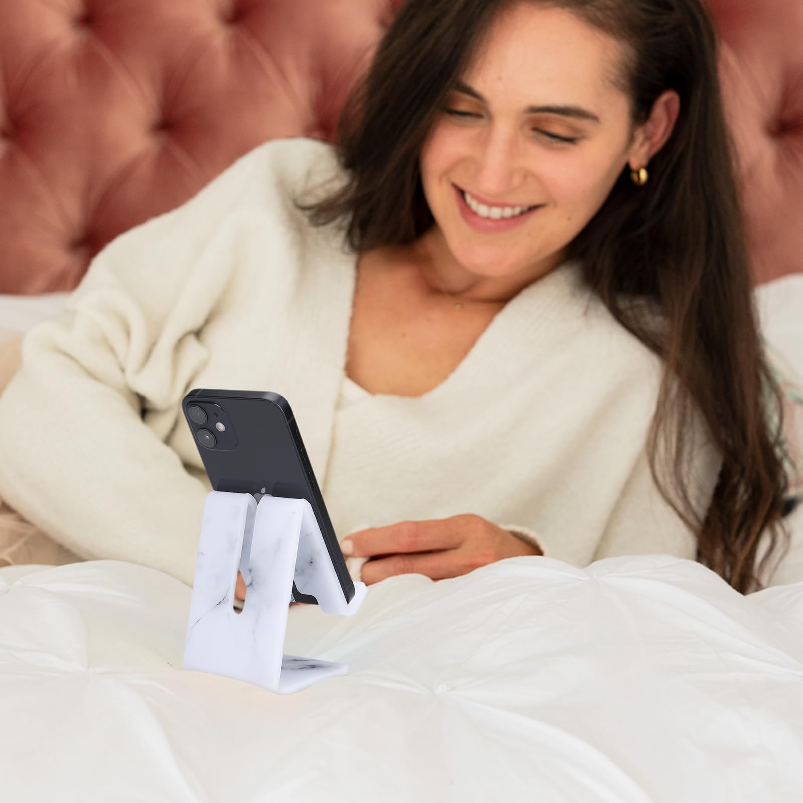 Ellie Rose Acrylic Phone Stand & Tablet Holder - Adjustable Desktop Dock Cradle for iPhone, Samsung, iPad - White Marble Design - Perfect for Home Office, Bedside, Kitchen & Video Calls
