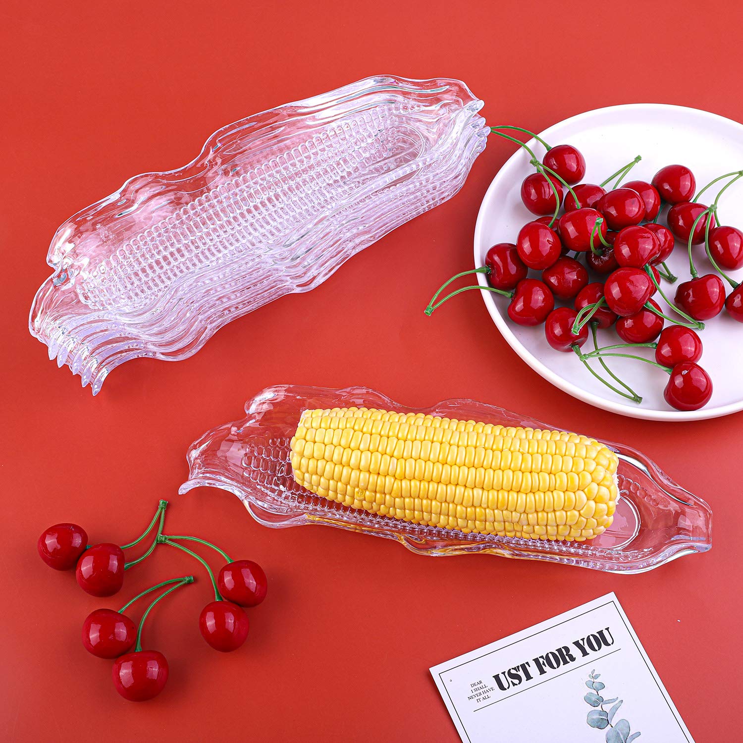 6 Pack Clear Corn Shaped Serving Trays - BPA-Free Plastic Corn Cob Dishes for Dinner Parties, BBQ, Picnics & Farmhouse Decor